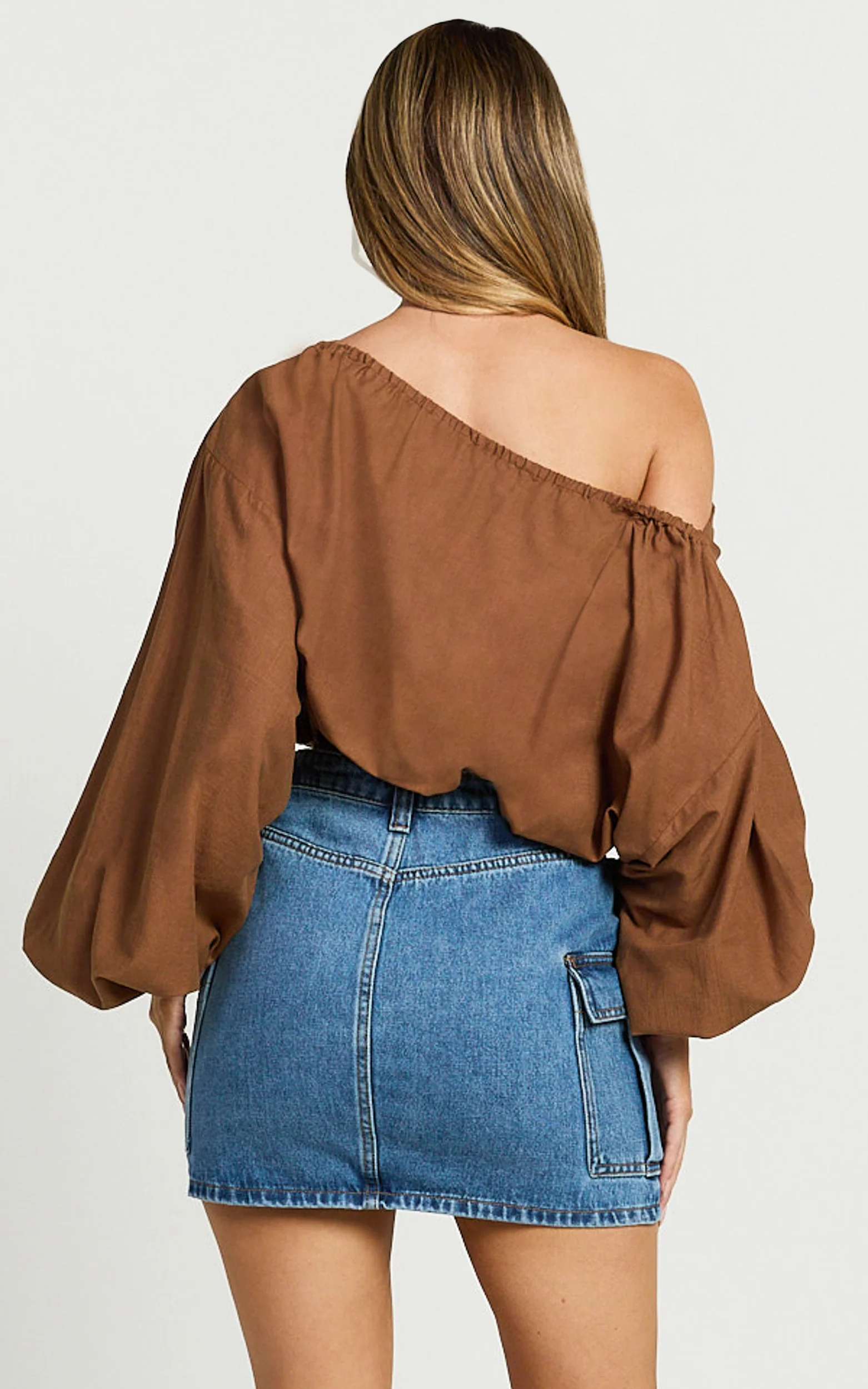 Alesia Top - Asymmetrical Boat Neck Elastic Hem Crop Top in Chocolate