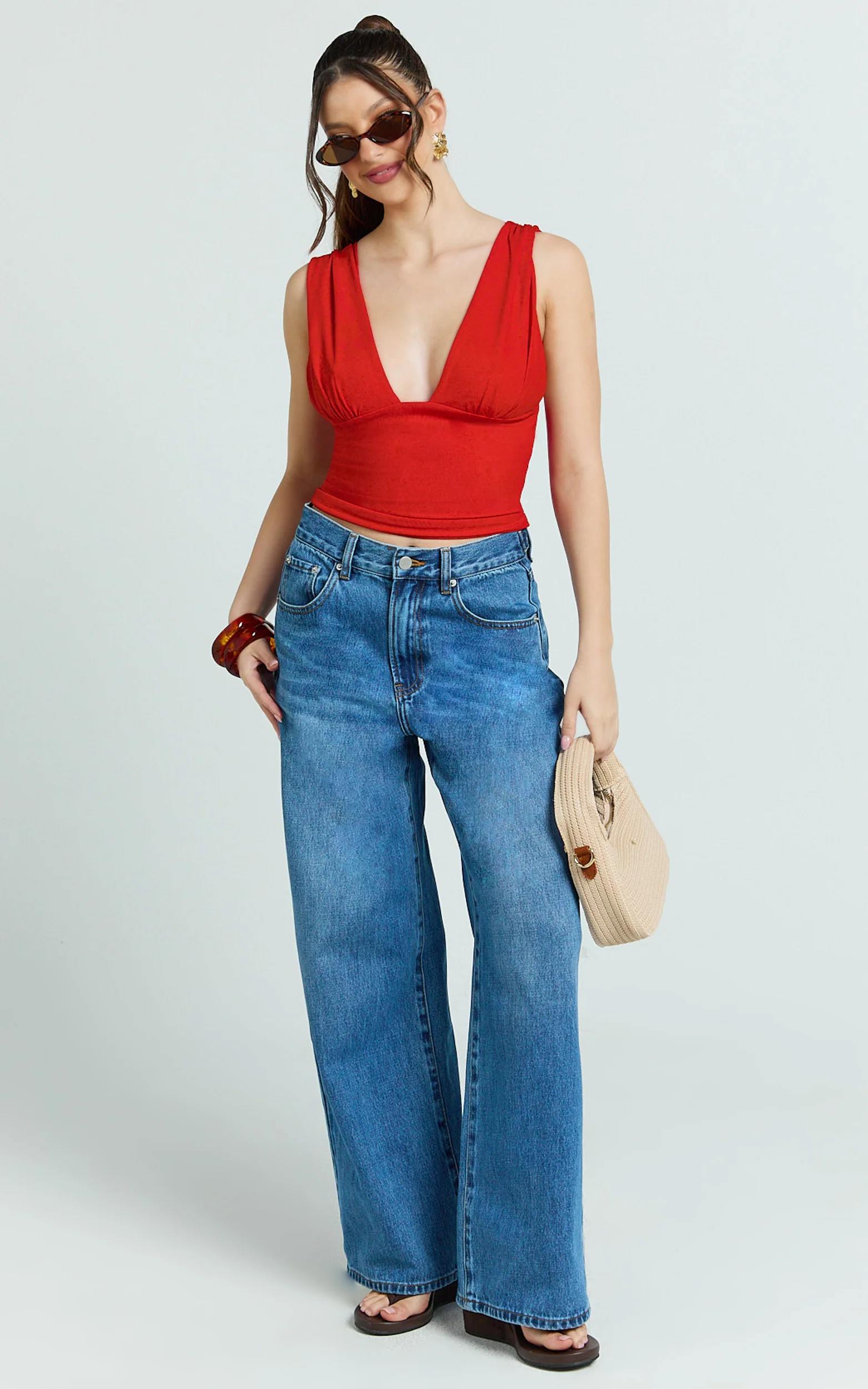 Gail Top - Jersey V Neck Gathered Long Line Top in Ruby