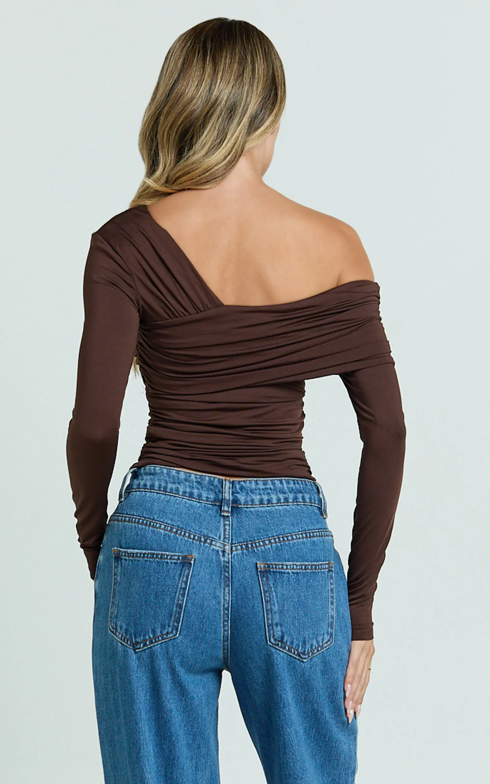 Cate Top - Long Sleeve Asymmetrical Neckline Top in Chocolate