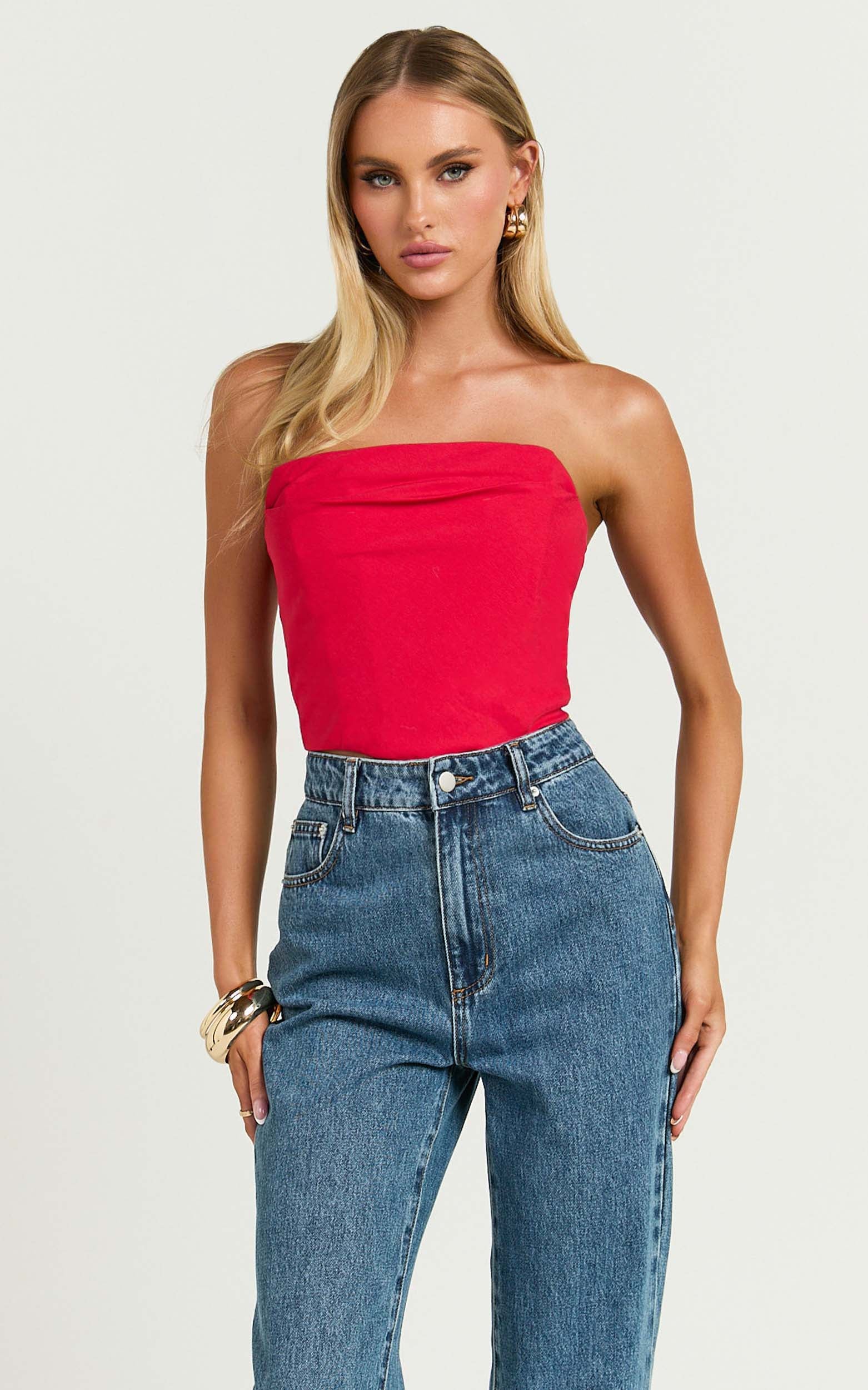 Marcelle Top - Strapless Cowl Corset Satin Top in Red