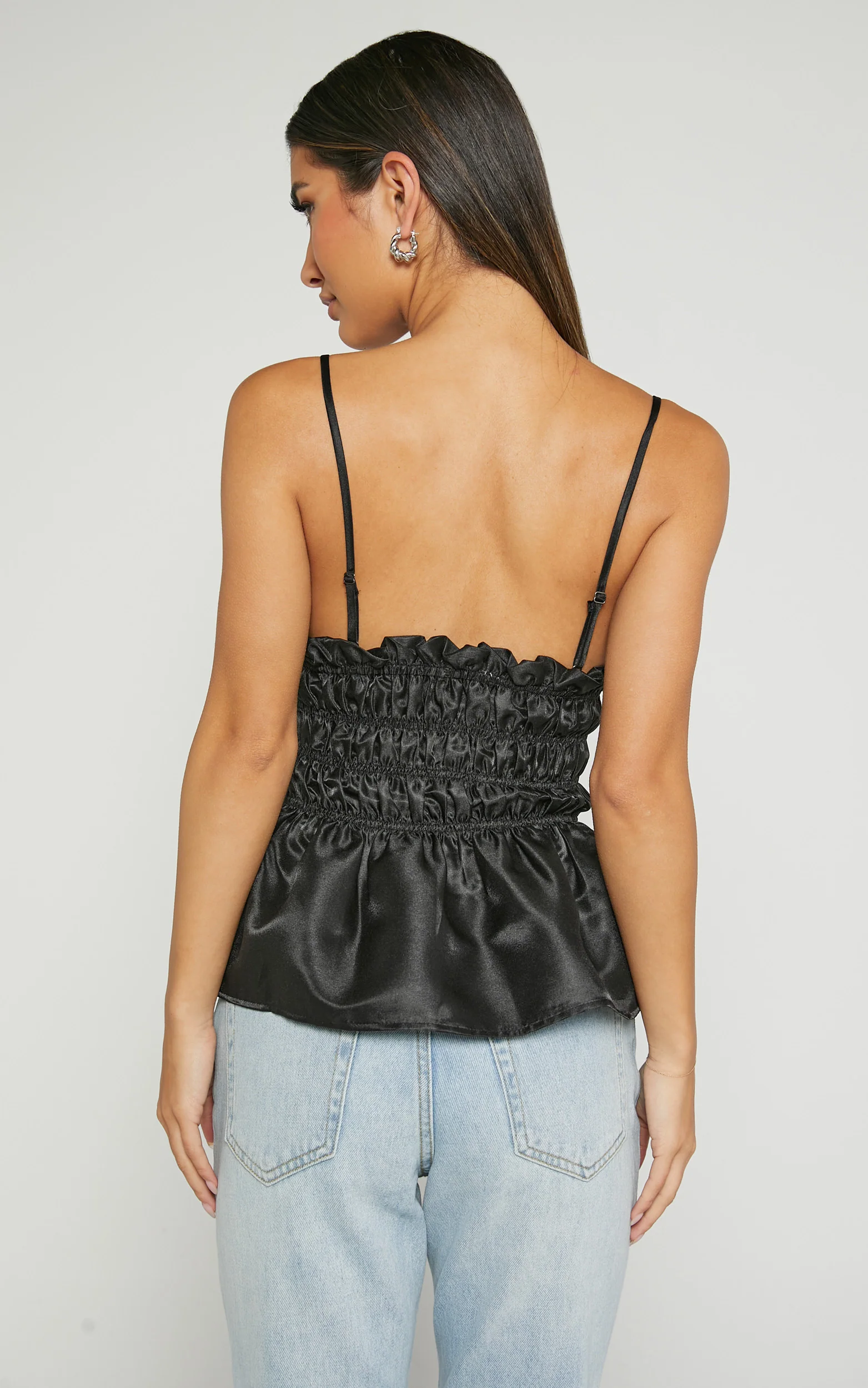 Brunetta Top - Sequin Shirred Peplum Top in Black