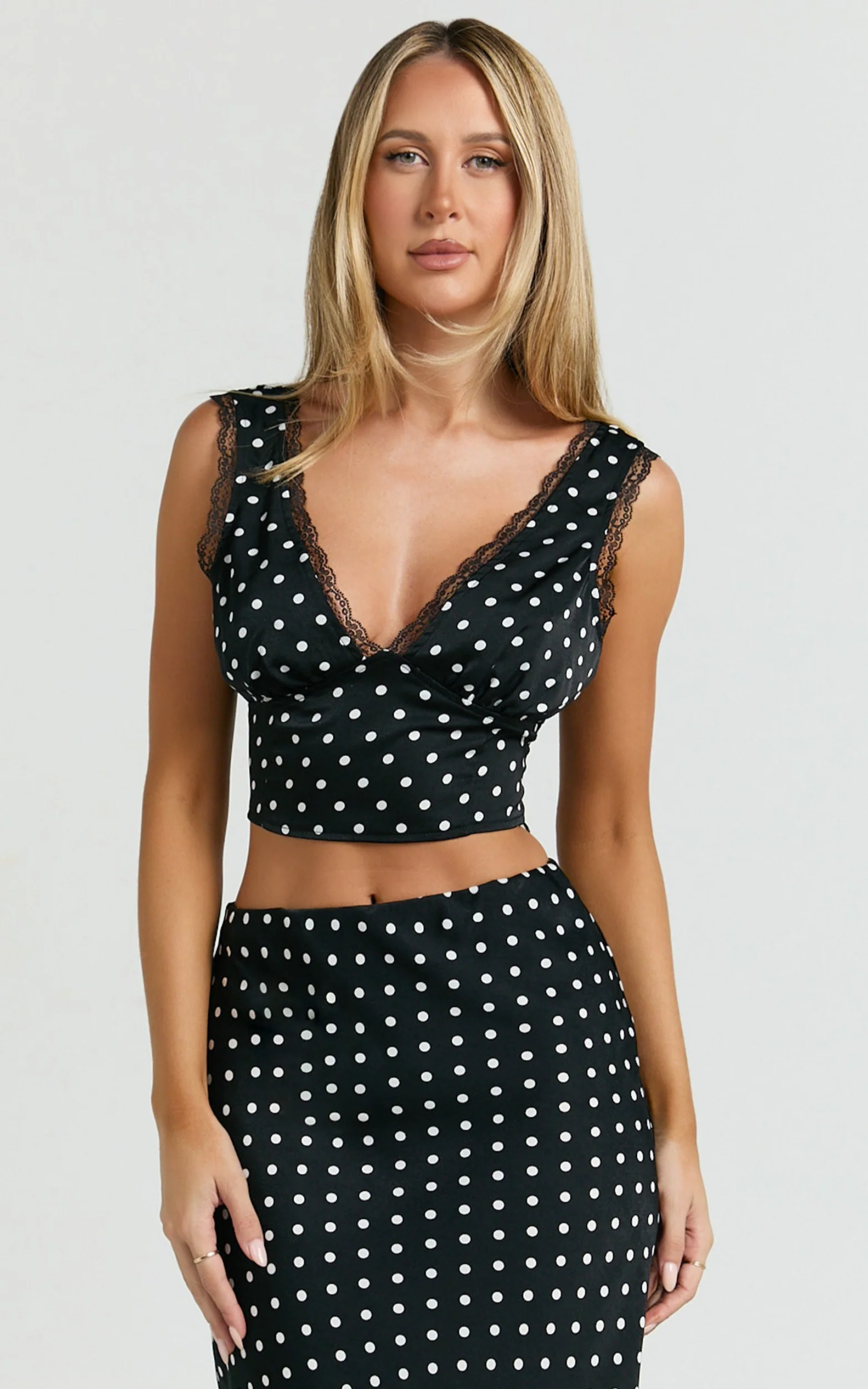 Amari Top - V Neck Lace Trim Polka Dot Top in Black
