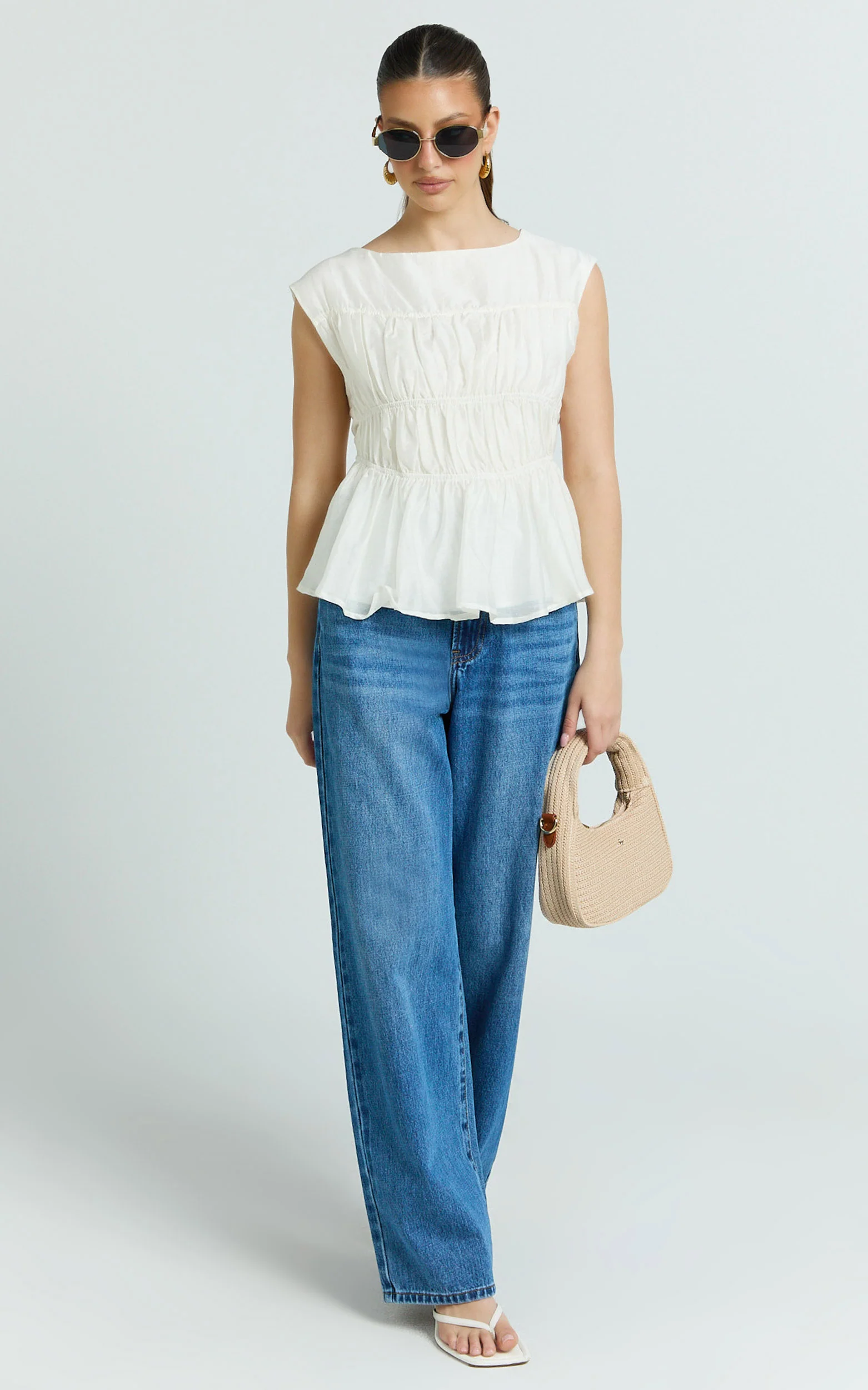 Naomi Top - Shirred Short Sleeve Top in White