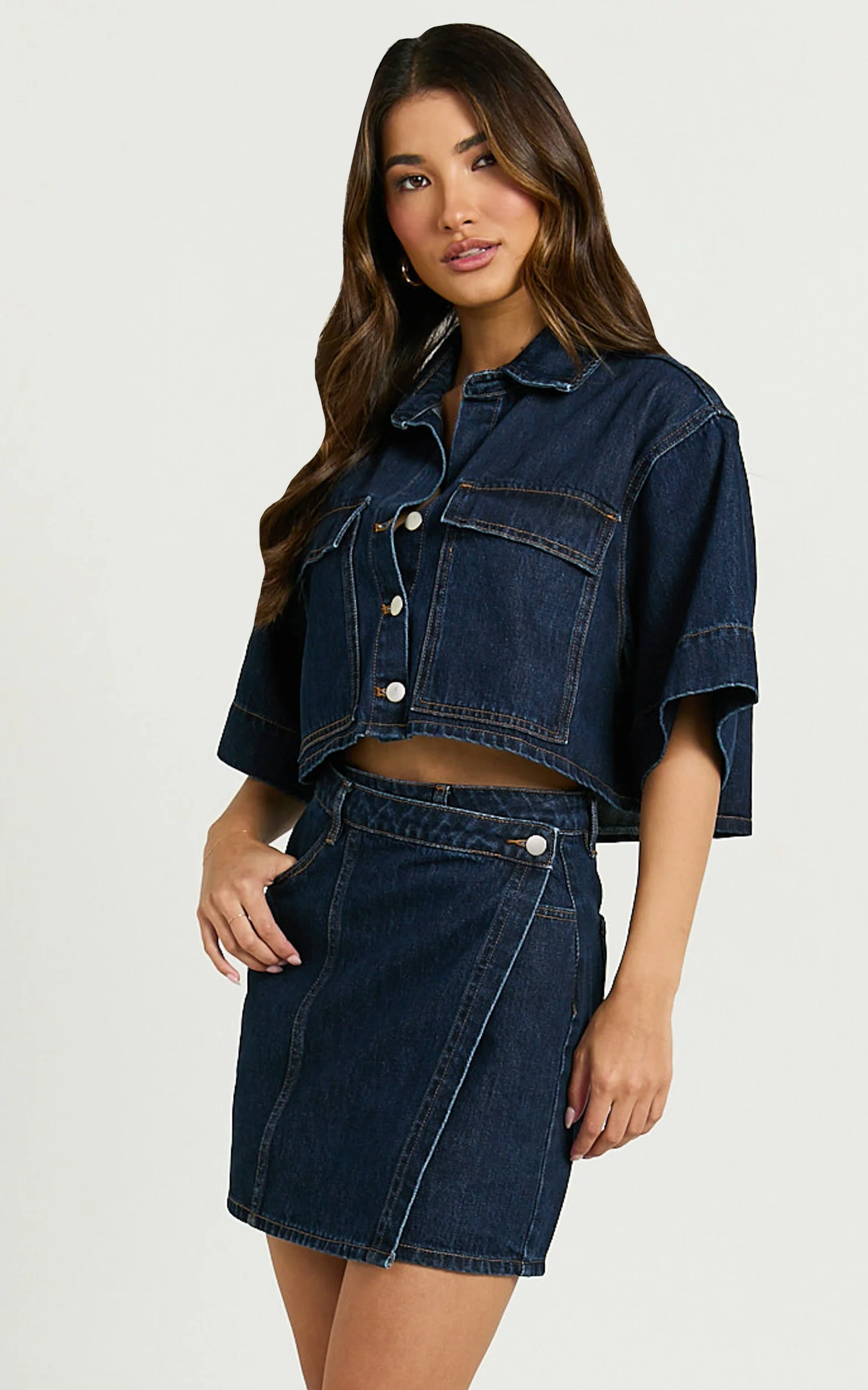 Katherine Top - Crop Button Down Collared Recycled Denim Short Sleeve Top in Dark Blue Wash