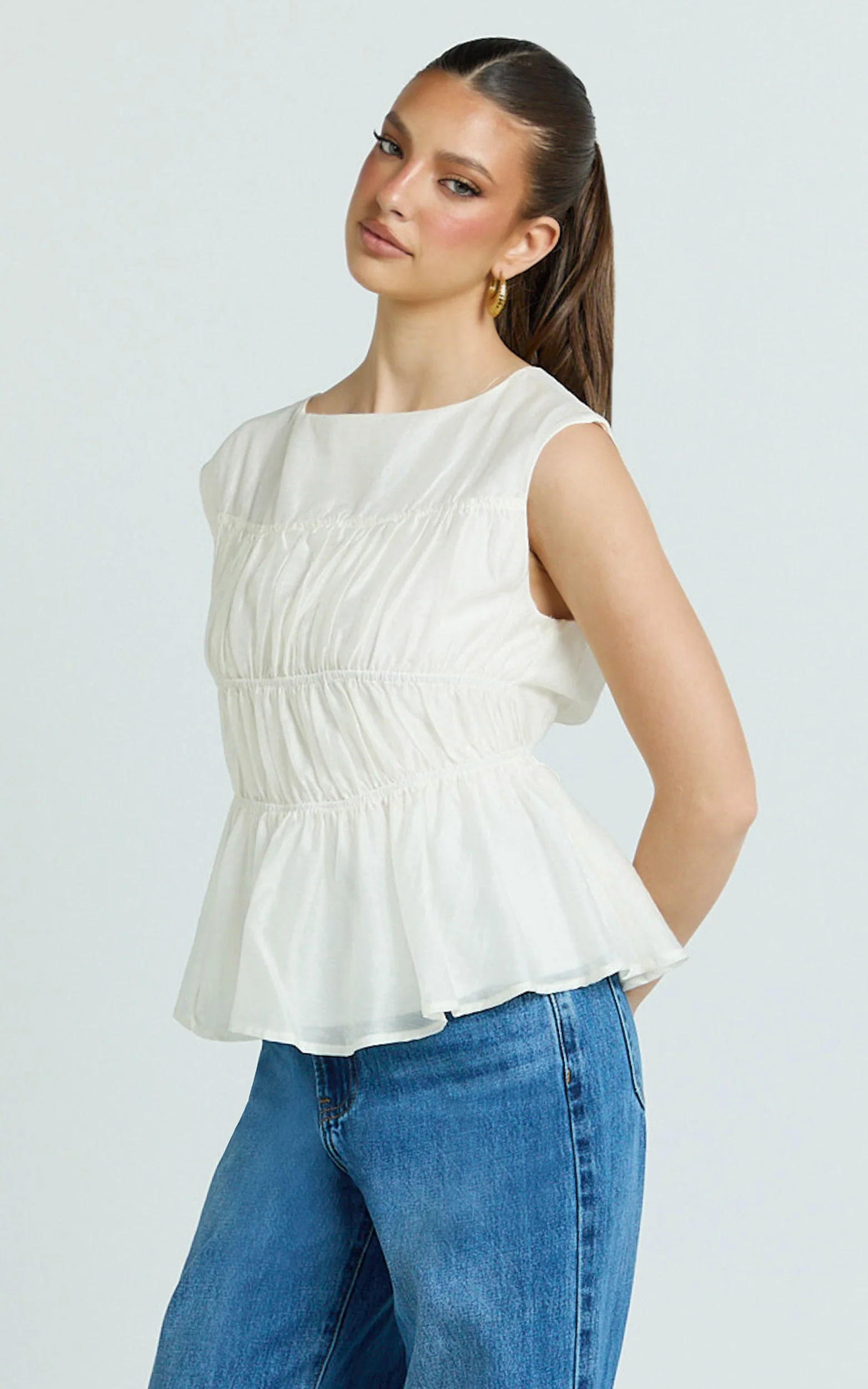 Naomi Top - Shirred Short Sleeve Top in White