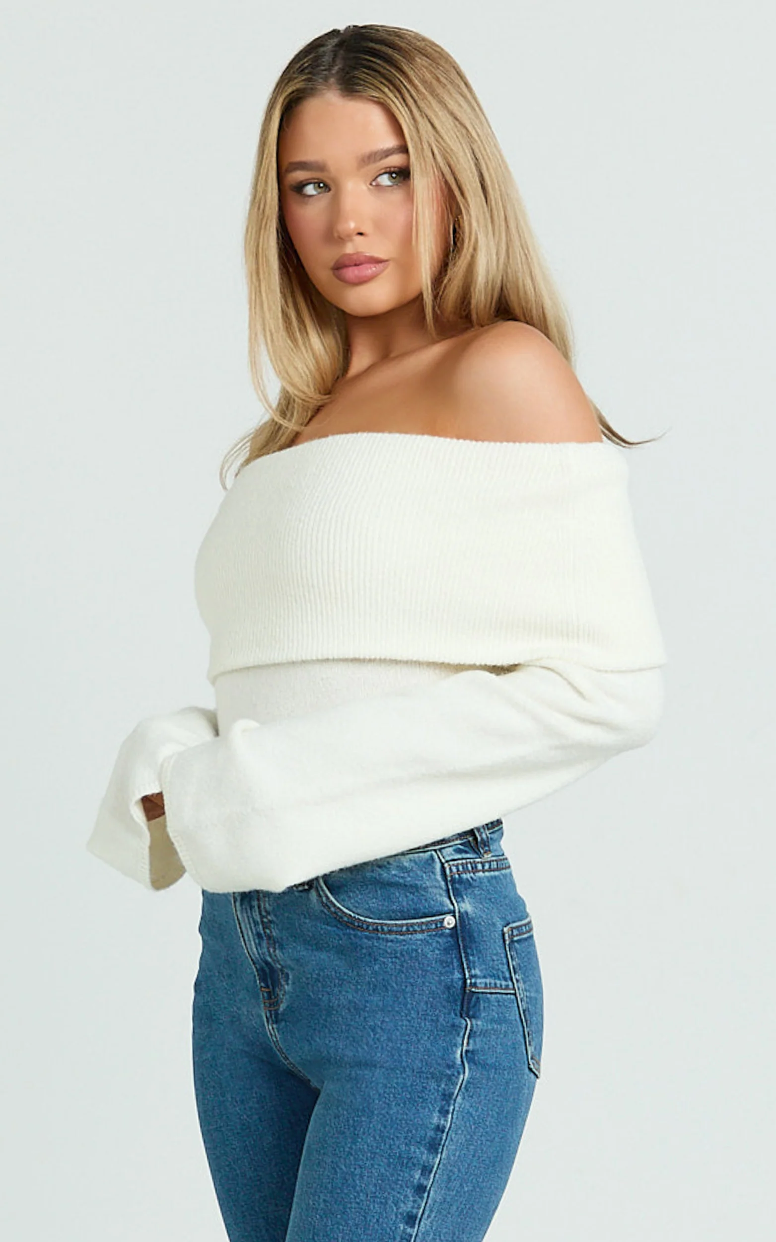 Darcie Top - Off Shoulder Long Sleeve Knitted Top in Cream