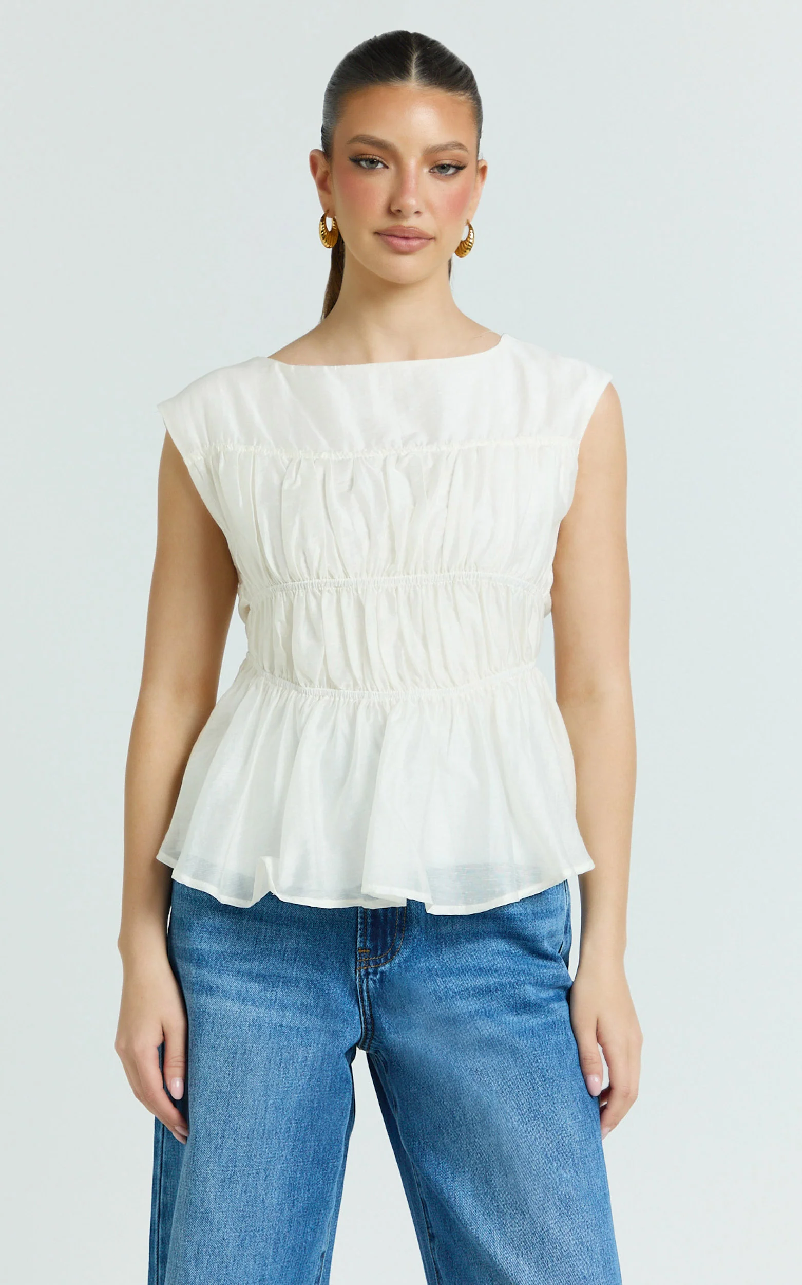 Naomi Top - Shirred Short Sleeve Top in White