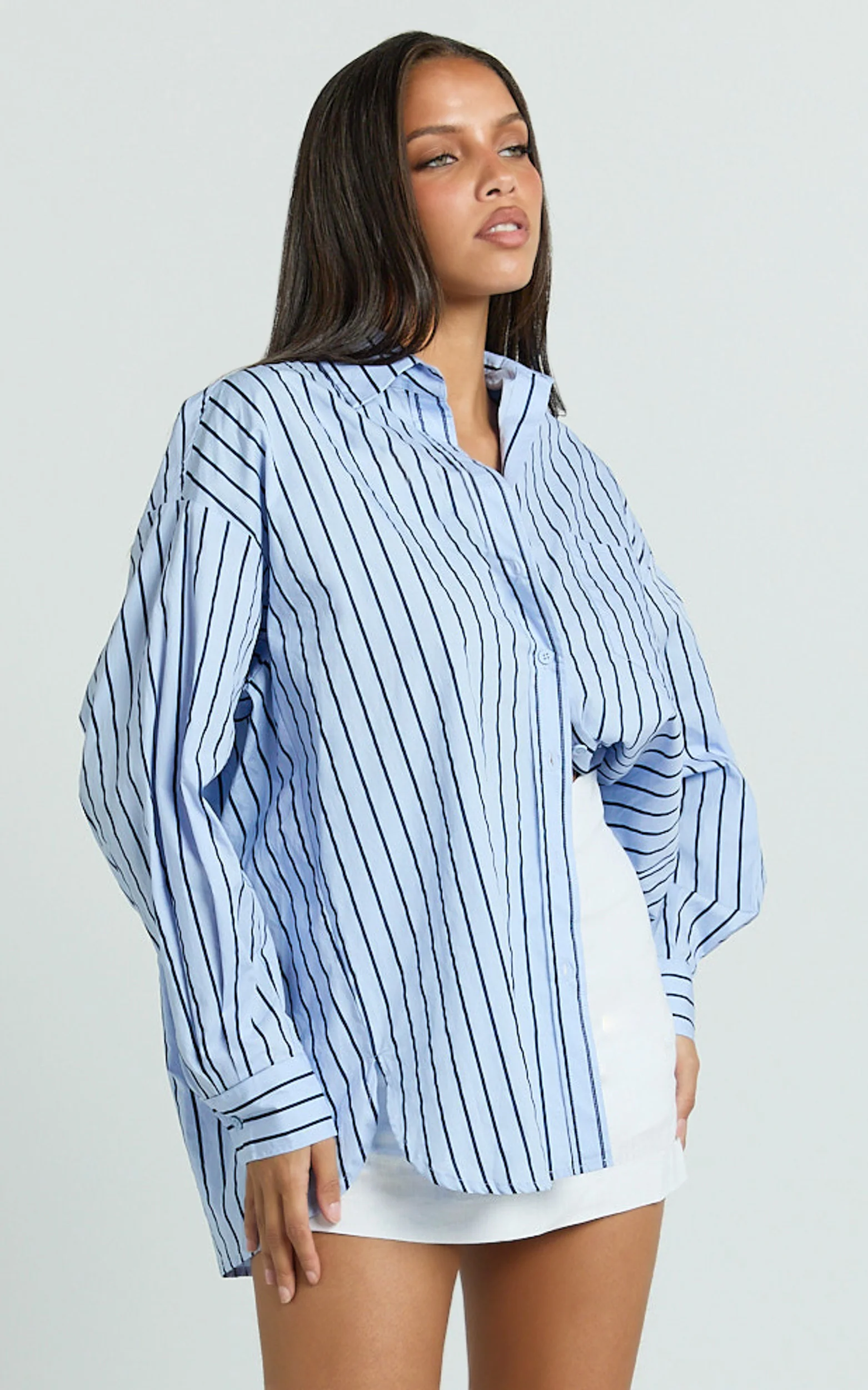 Tristan Top - Oversized Button Down Long Sleeve Striped Shirt in Blue
