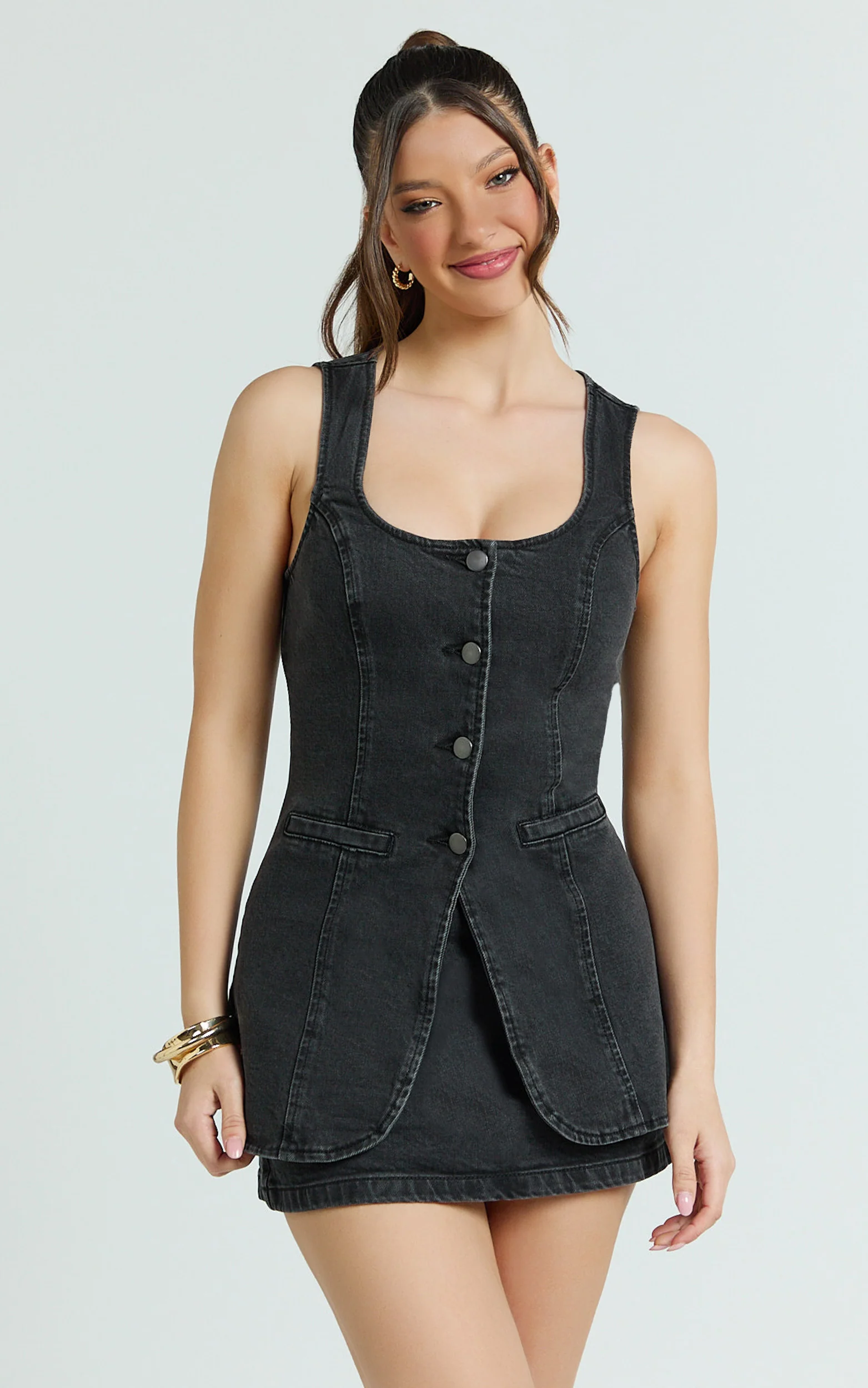 Raquel Top - Denim Scoop Neck Button Down Vest in Washed Black