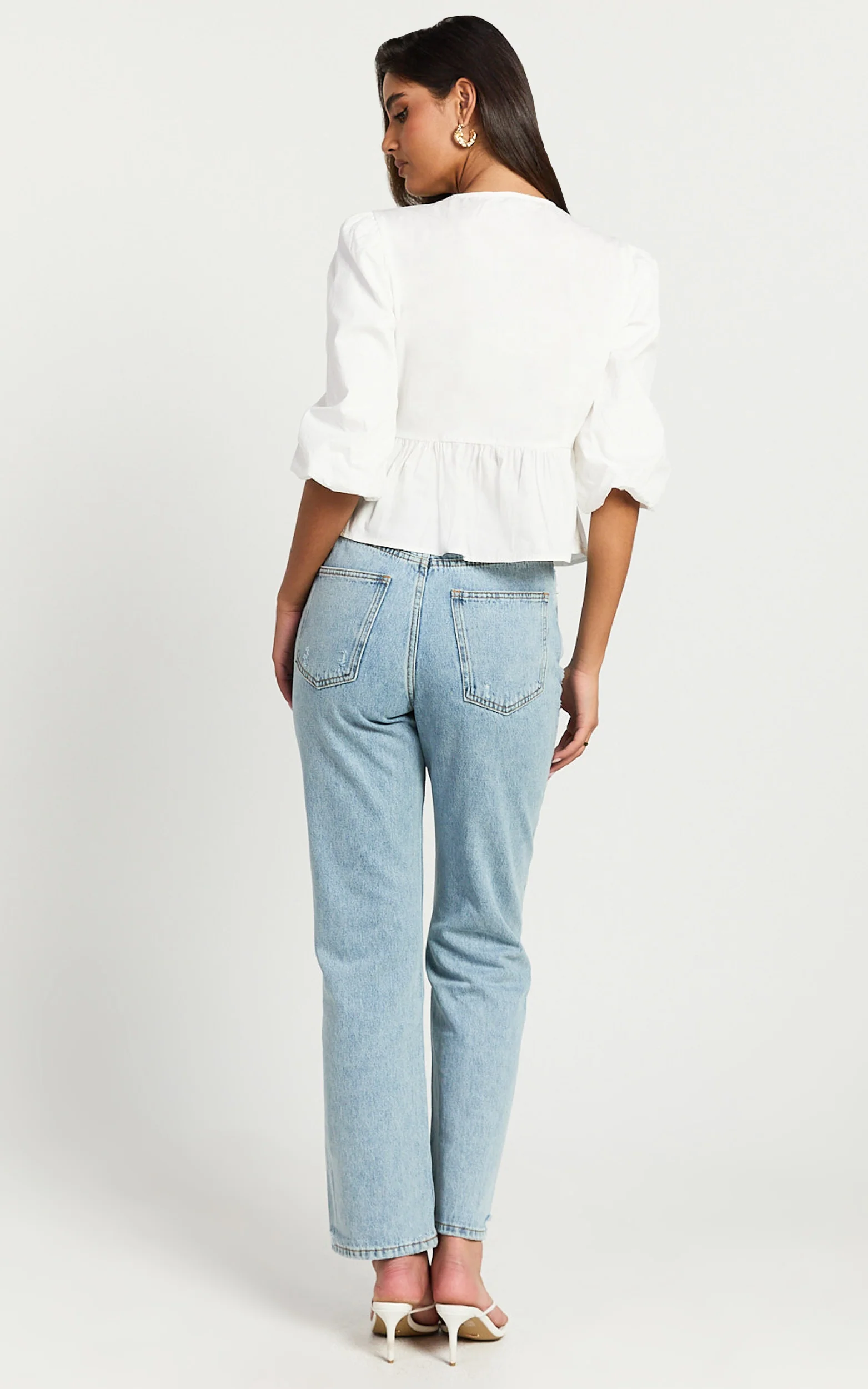 Tara Top - Tie Front Detail Puff Sleeve Top in White