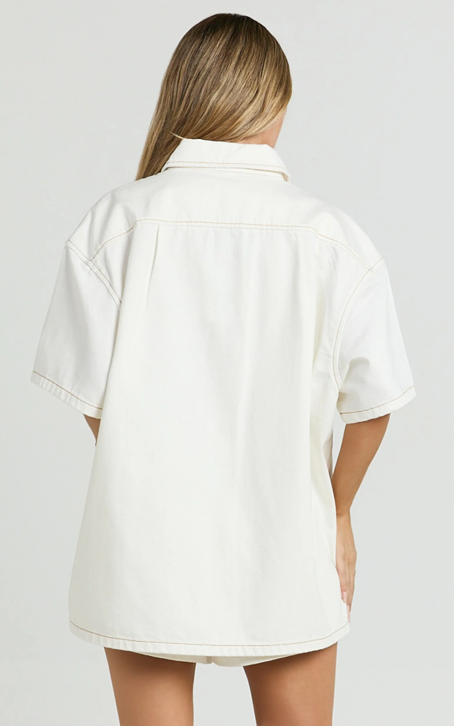 Rhianna Top - Oversized Recycled Denim Hardware Detail Short Sleeve Shirt in Ecru with Contrast Tobacco Stitch