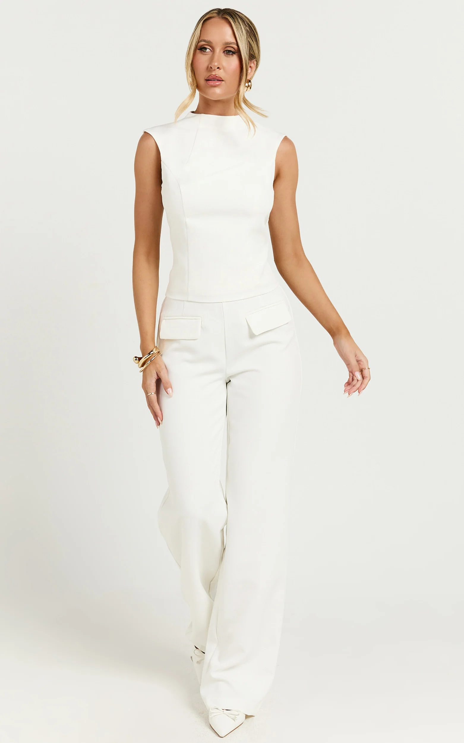 Paxton Top - High Neck Fitted Open Back Sleeveless Top in Cream