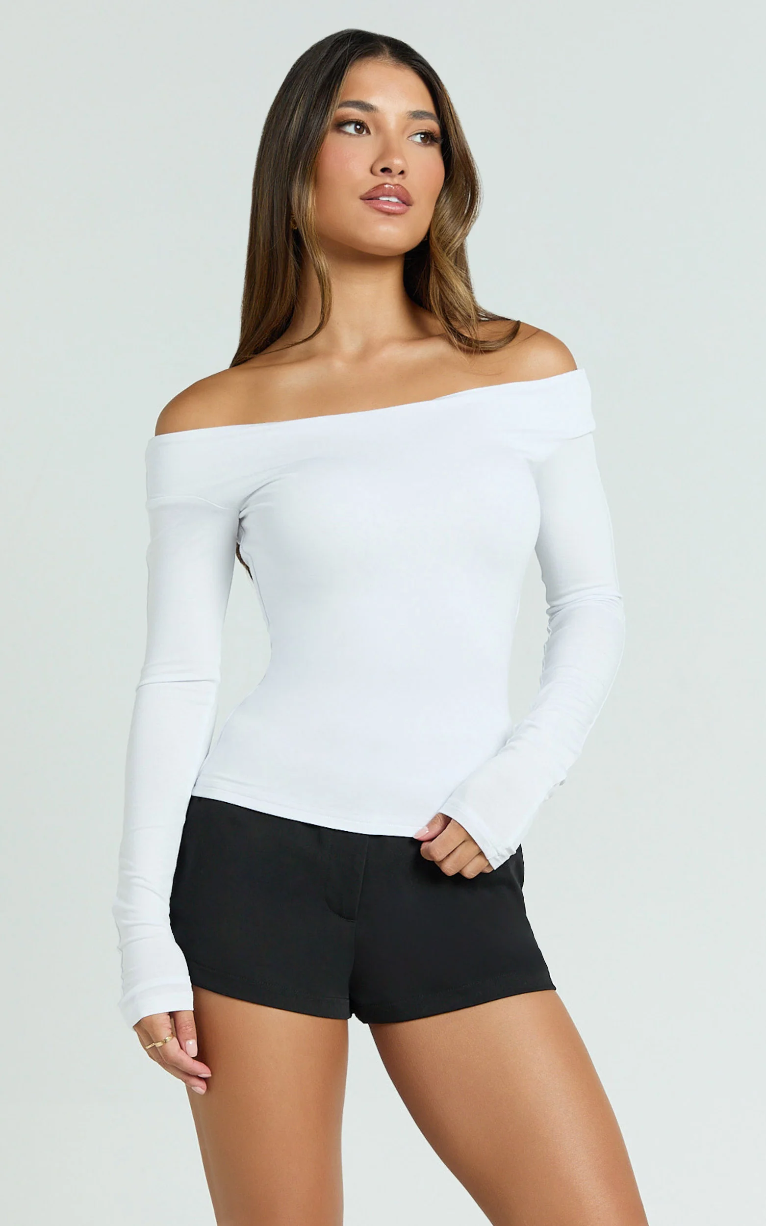 Twiggy Top - Off Shoulder Long Sleeve Fitted Top in White