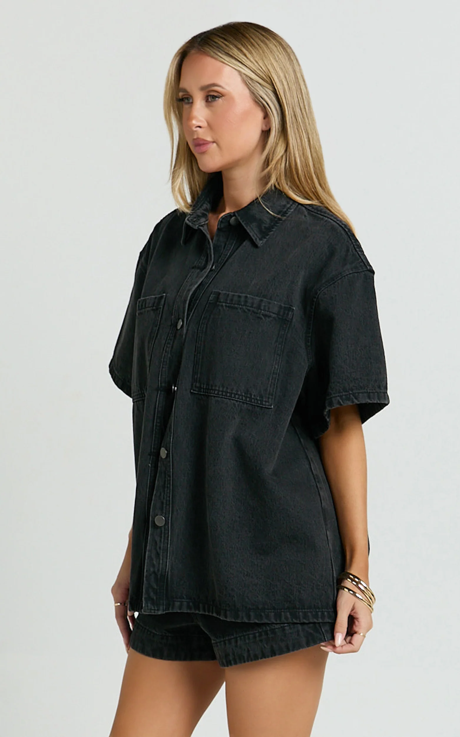 Rhianna Top - Oversized Recycled Denim Hardware Detail Short Sleeve Shirt in Washed Black