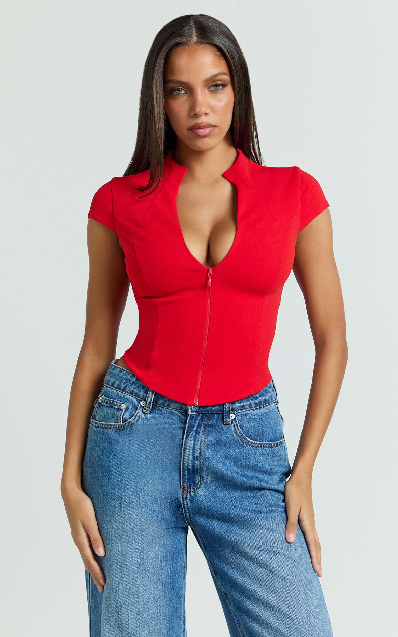 Duncan Top - Cap Sleeve Slit Neck Zip Front Top in Red