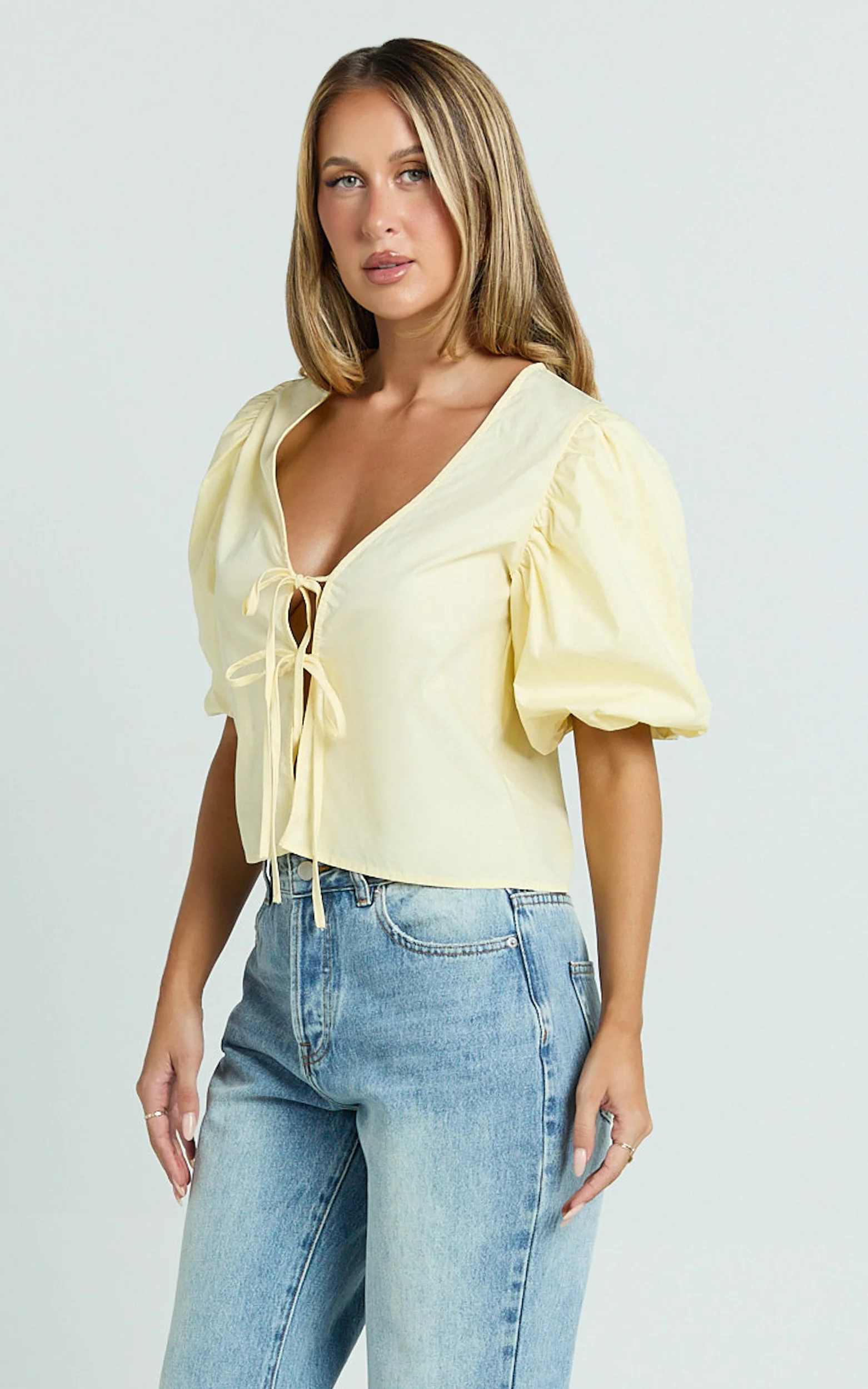 Dana Top - Bow Tie Front Puff Sleeve Blouse in Lemon