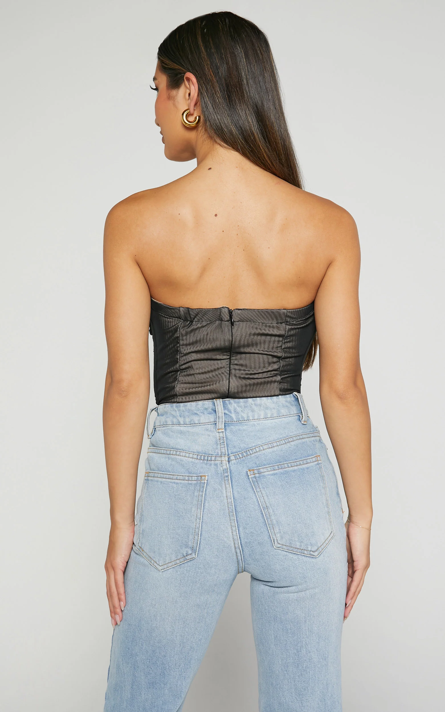 Isabella Bodysuit - Ruched Strapless Mesh Corset in Black