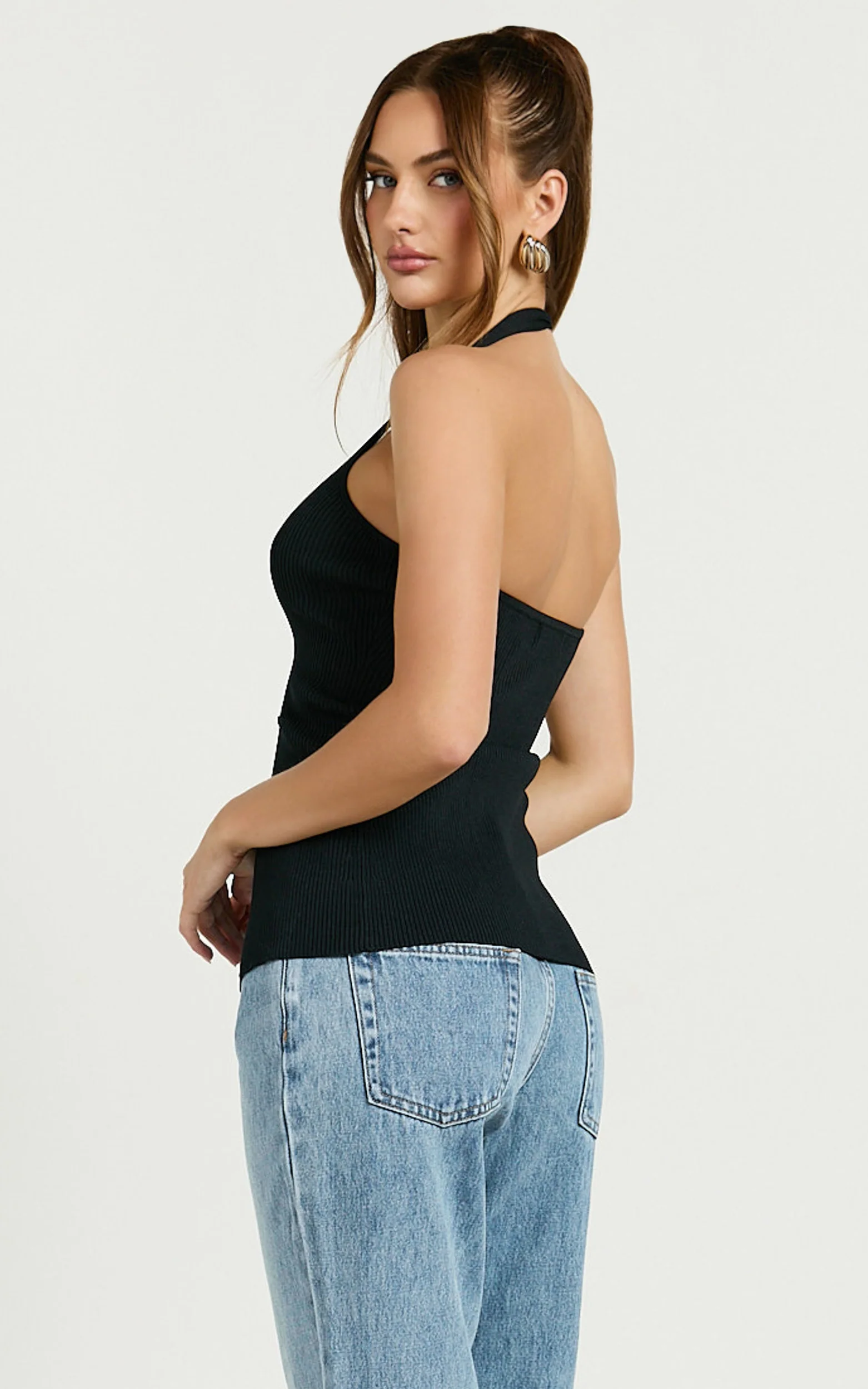 Jaiden Top - V Neck Knitted Button Down Vest Top in Black