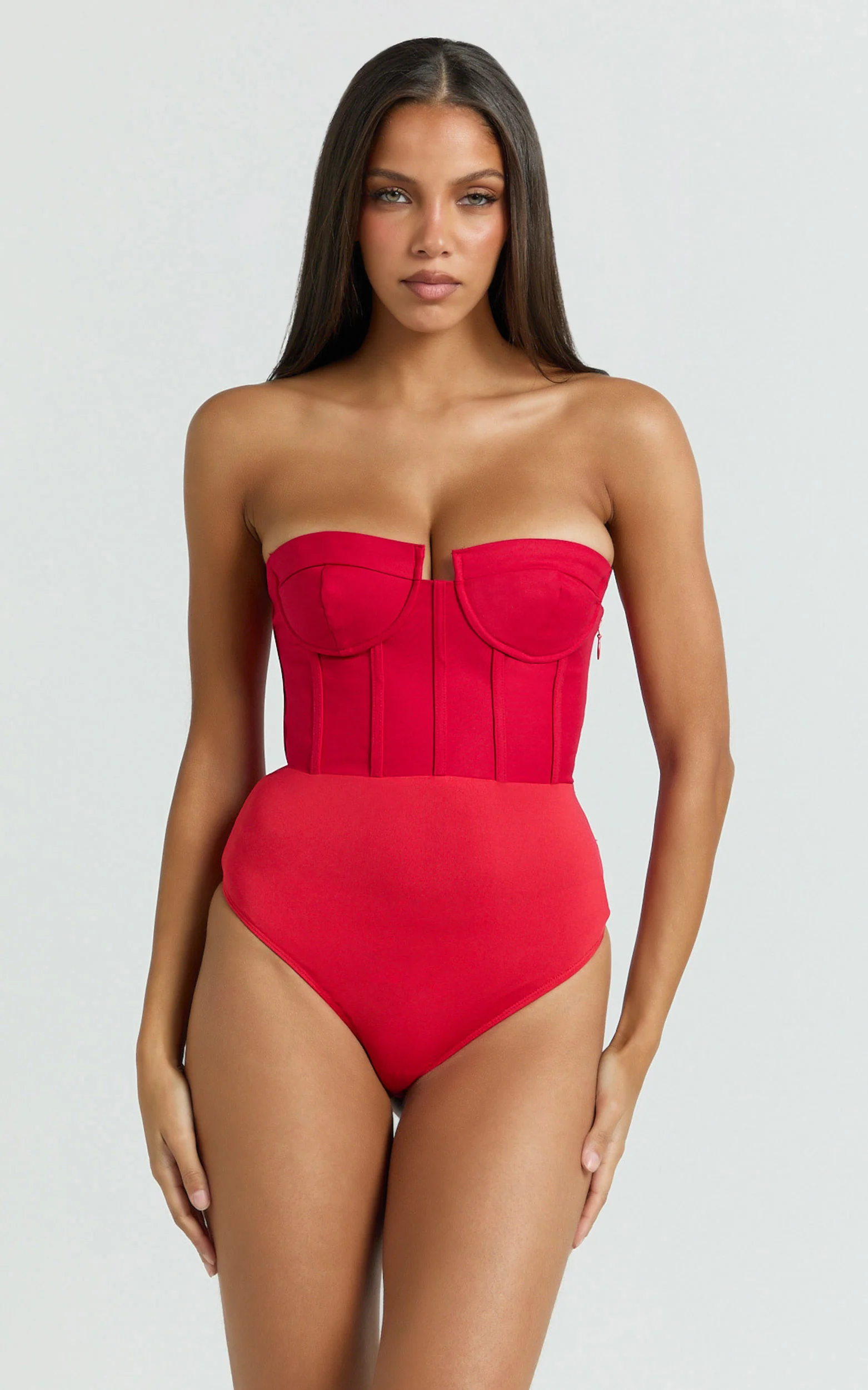 Brigitte Bodysuit - Sweetheart Paneled Bodysuit in Red