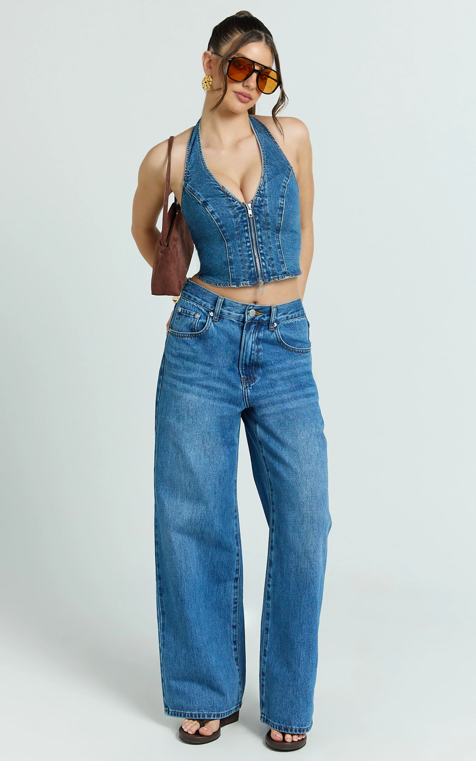 Stephanie Top - Zip Through Halter Neck Denim Top in Dark Blue Wash