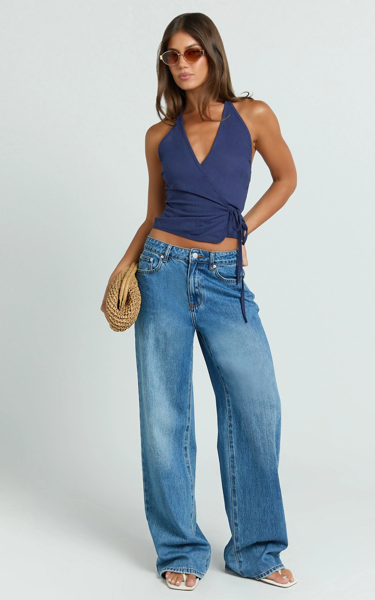 Raya Top - Deep V Halter Neck Wrap Top in Navy