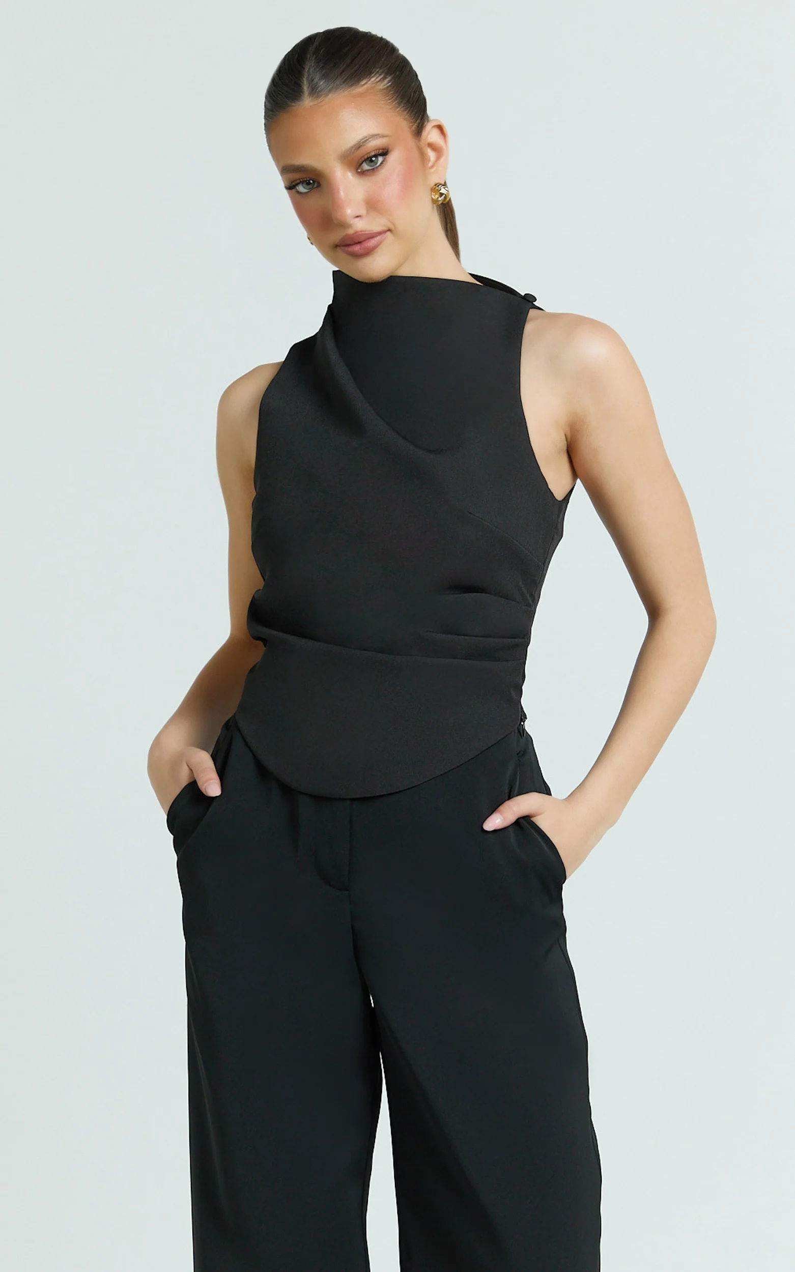 Harlene Top - Draped Tucked Neck Sleeveless Top in Black