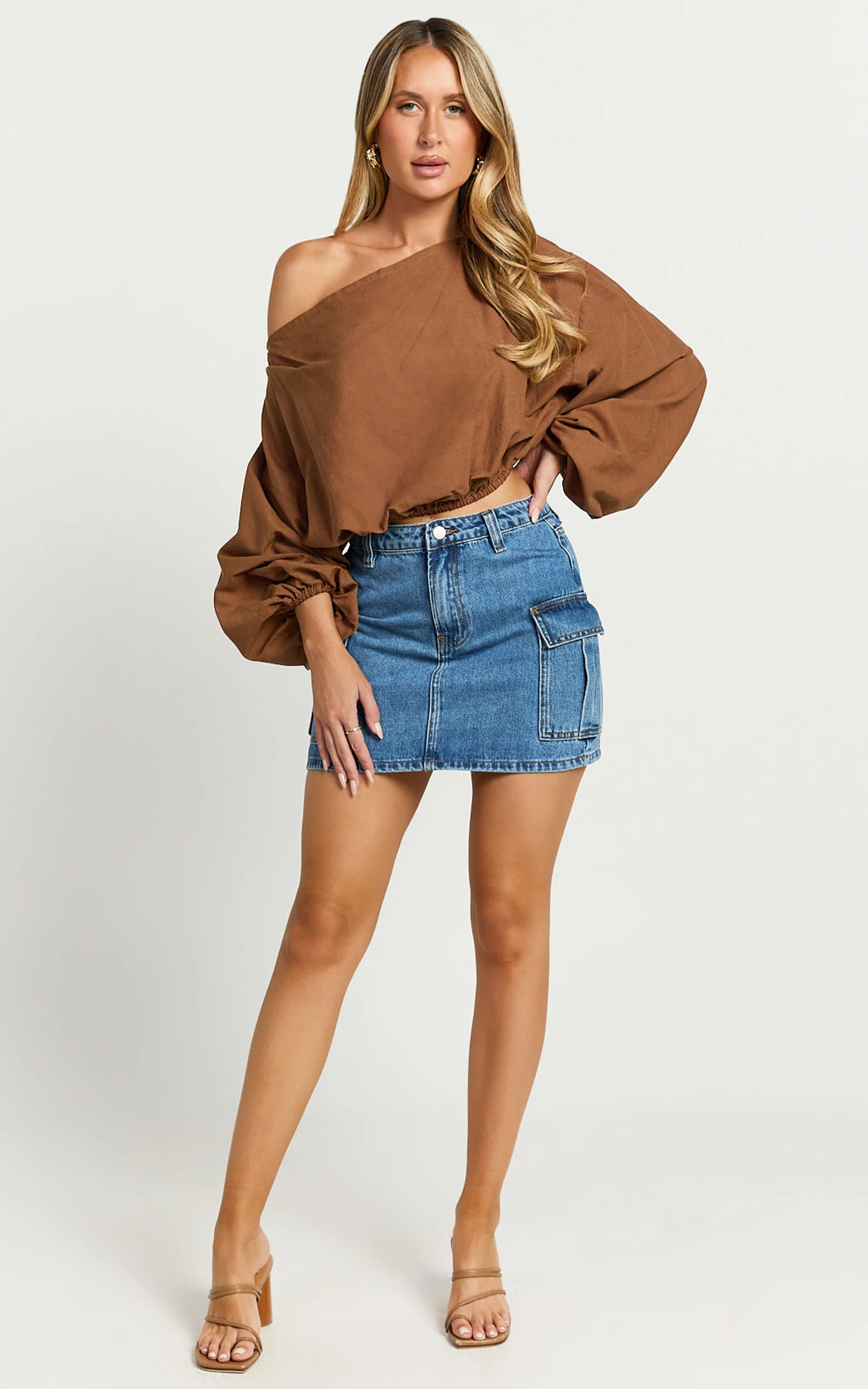 Alesia Top - Asymmetrical Boat Neck Elastic Hem Crop Top in Chocolate