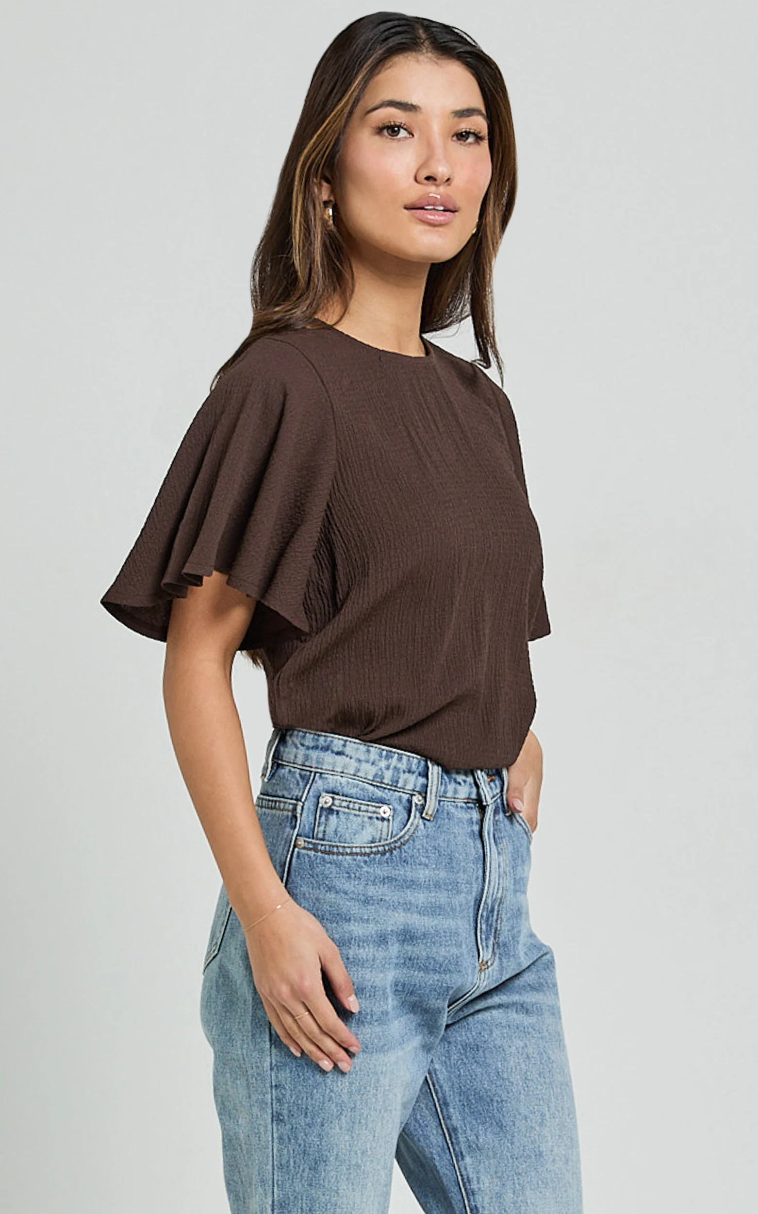 Enzo Top - Flutter Sleeve Scoop Neck Top in Dark Oak