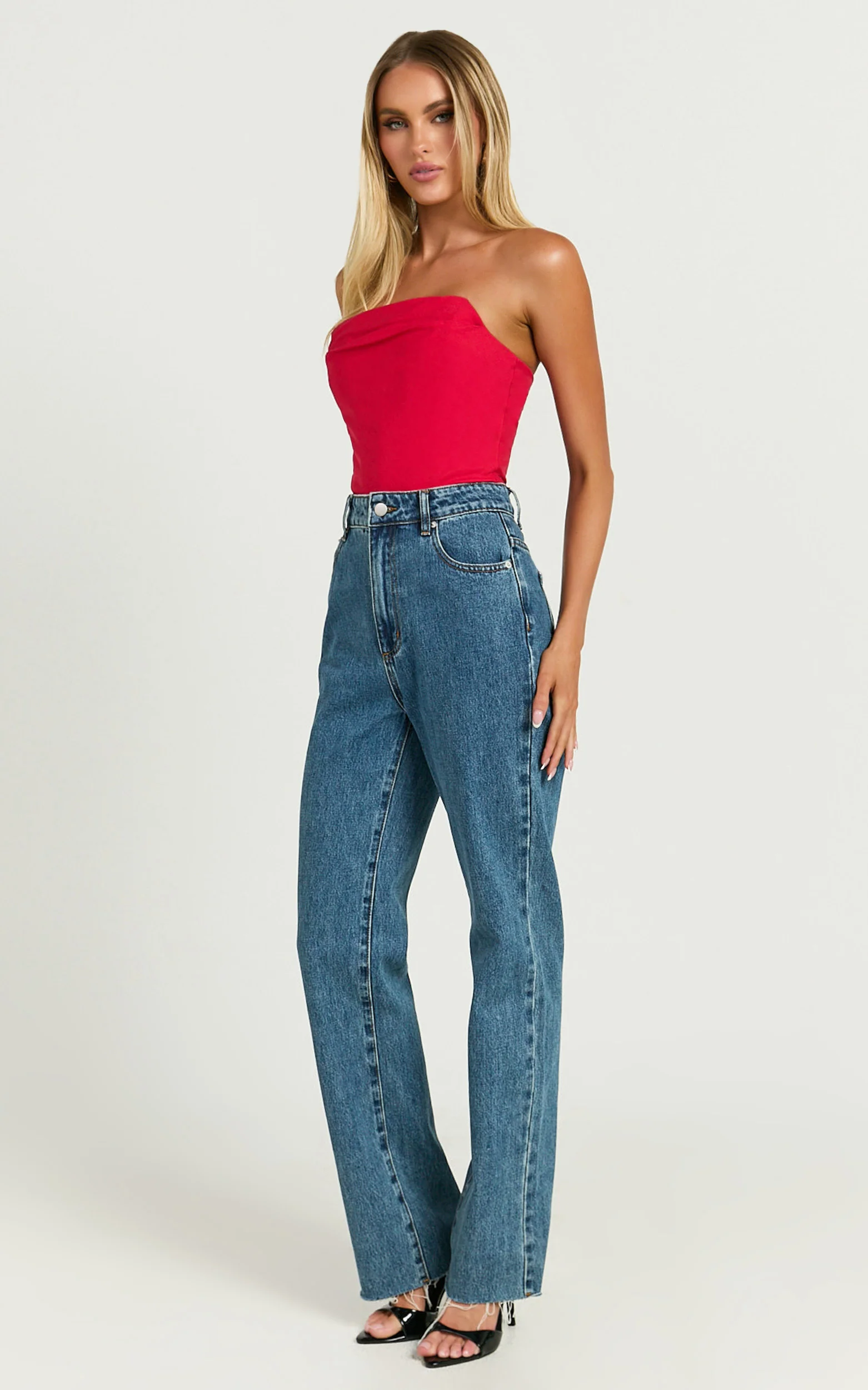 Marcelle Top - Strapless Cowl Corset Satin Top in Red