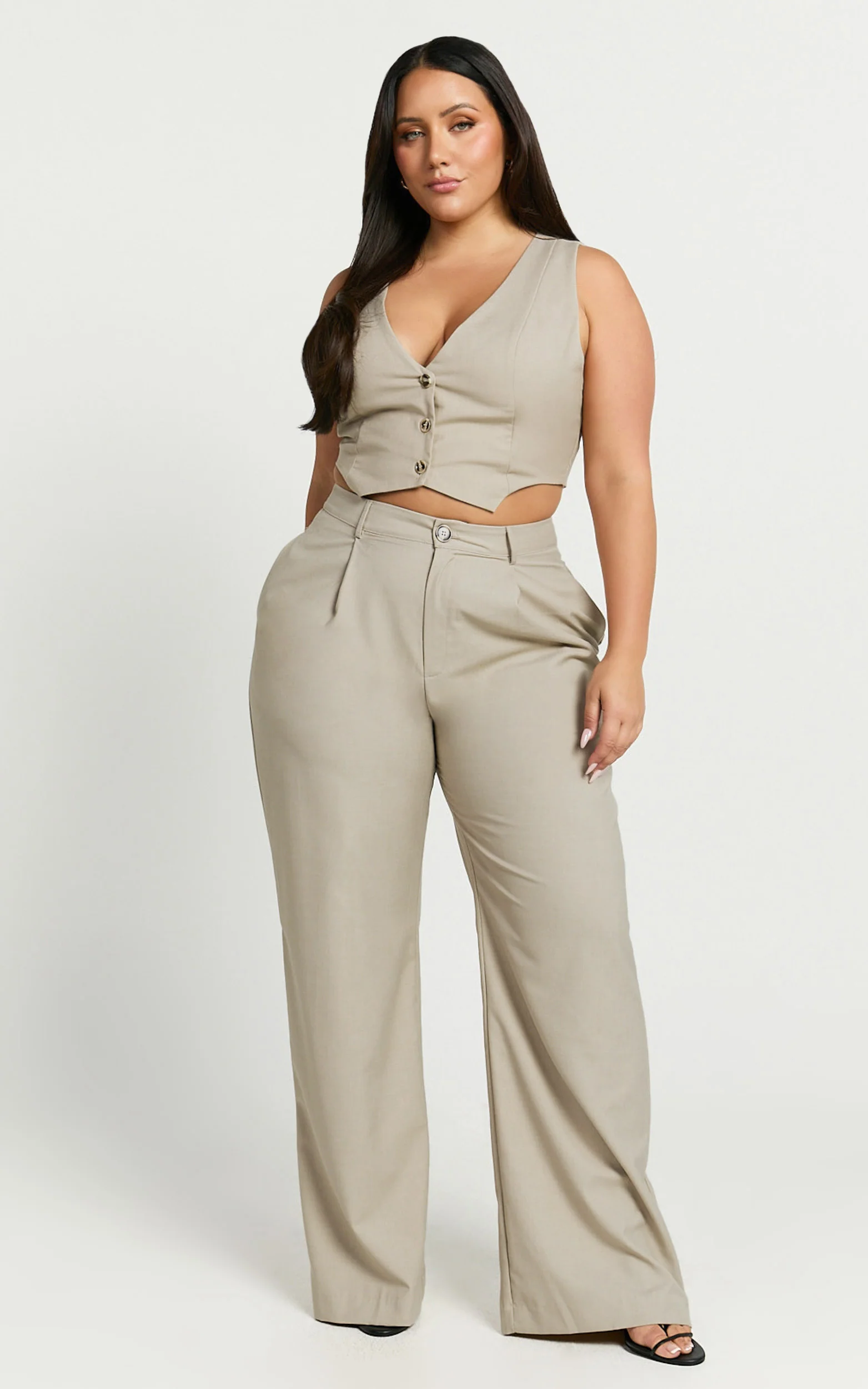 Izara Vest - V Neck Button Up Cropped Vest in Oatmeal