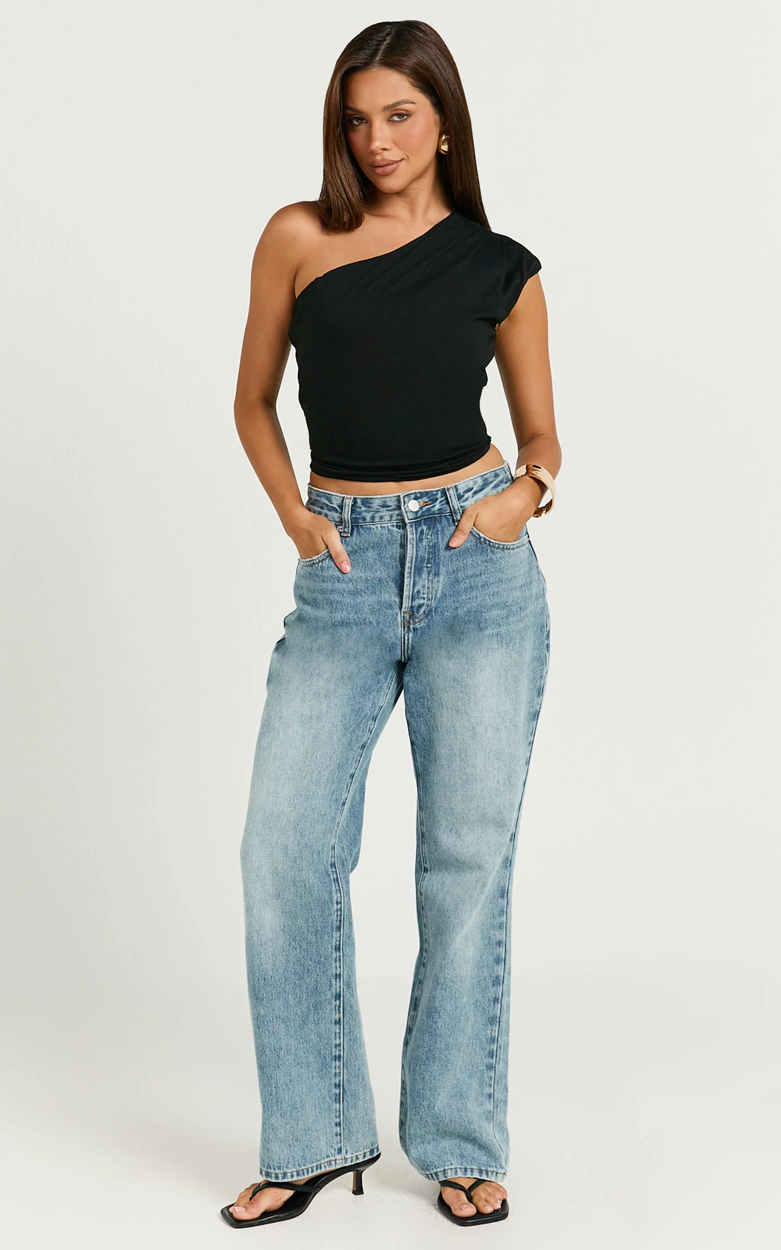 Renner Top - Gathered Extended One Shoulder Top in Black