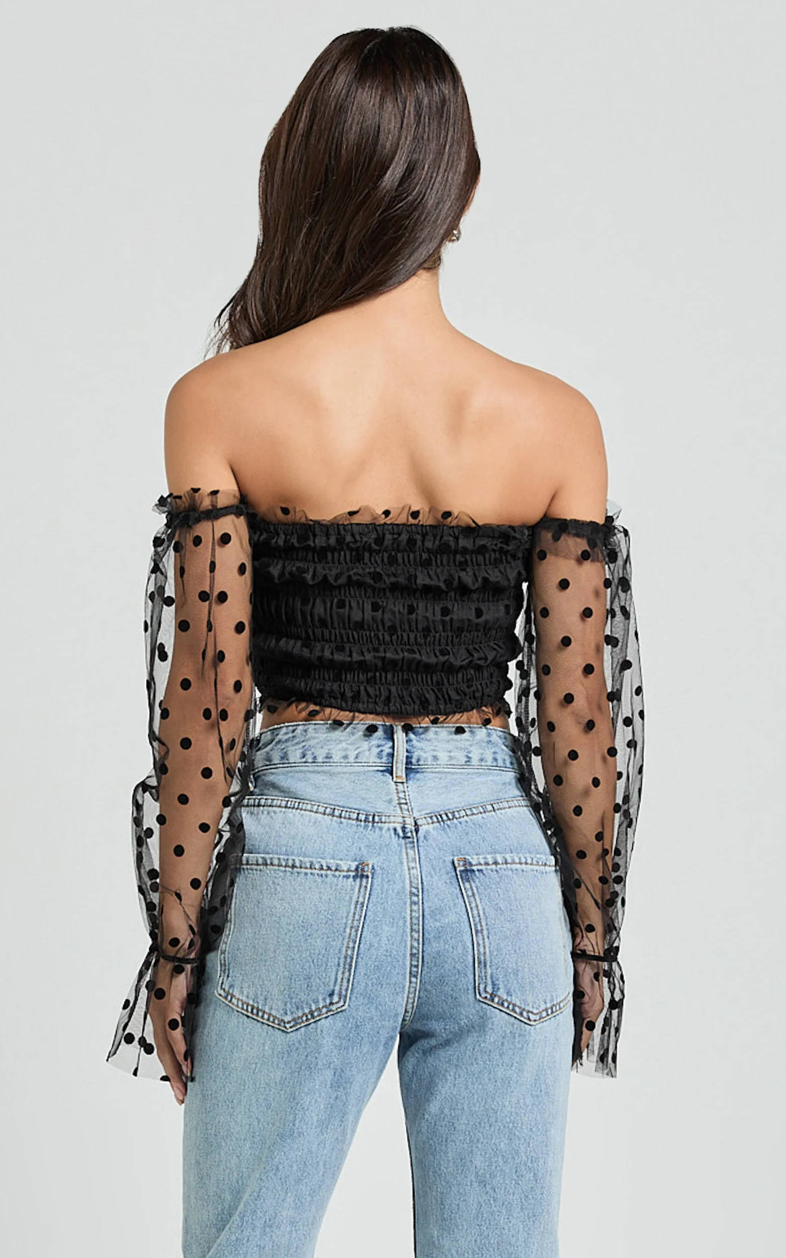 Carly Top - Long Sleeve Off Shoulder Tulle Top in Black