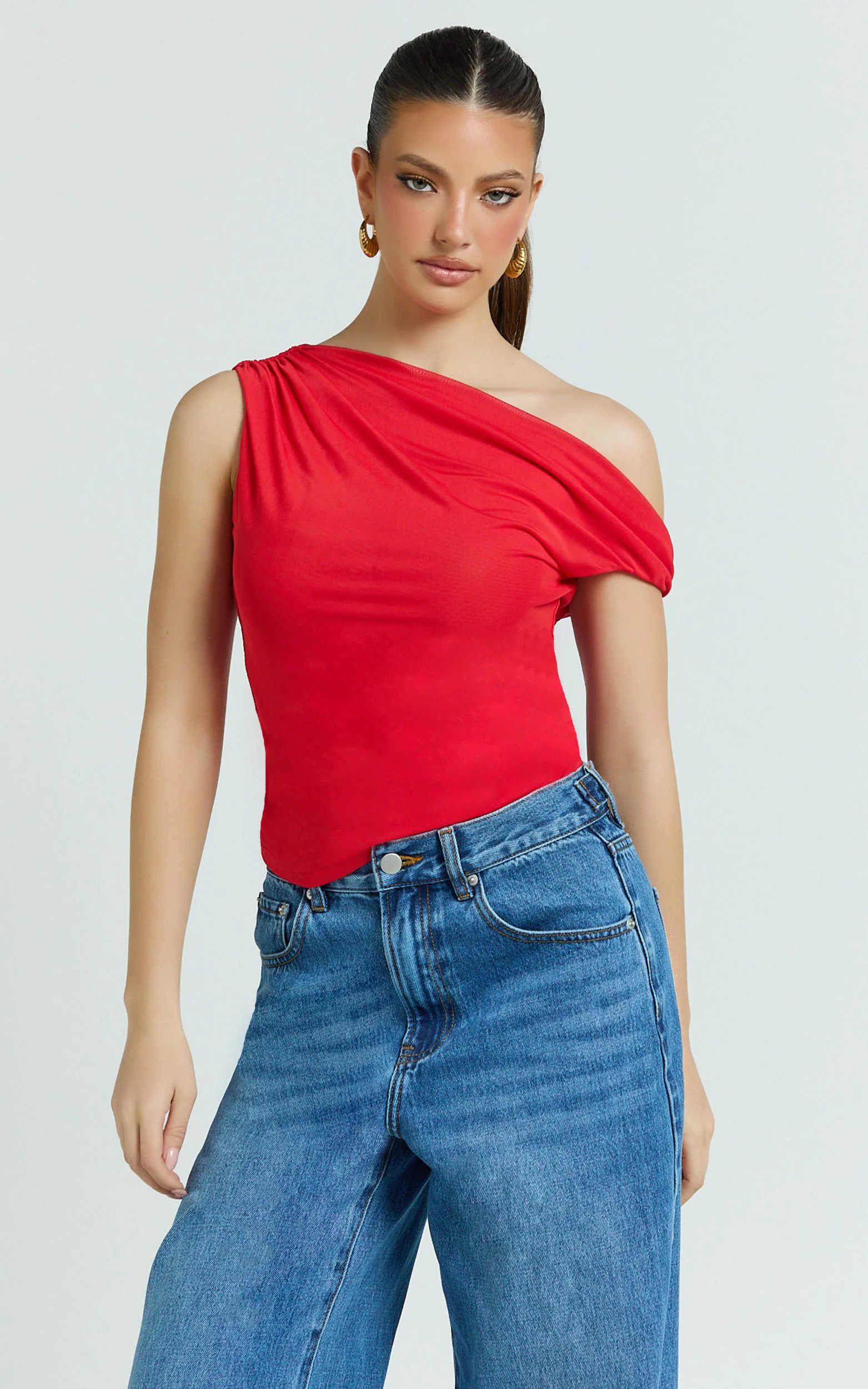 Amaya Top - Off Shoulder Twist Asymmetrical Sleeve Top in Red
