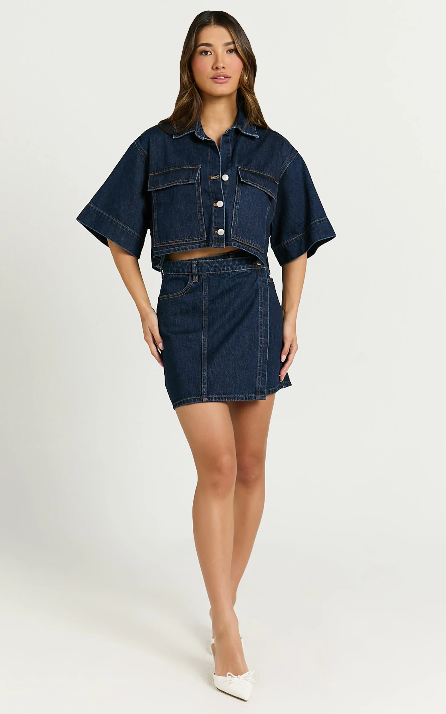 Katherine Top - Crop Button Down Collared Recycled Denim Short Sleeve Top in Dark Blue Wash