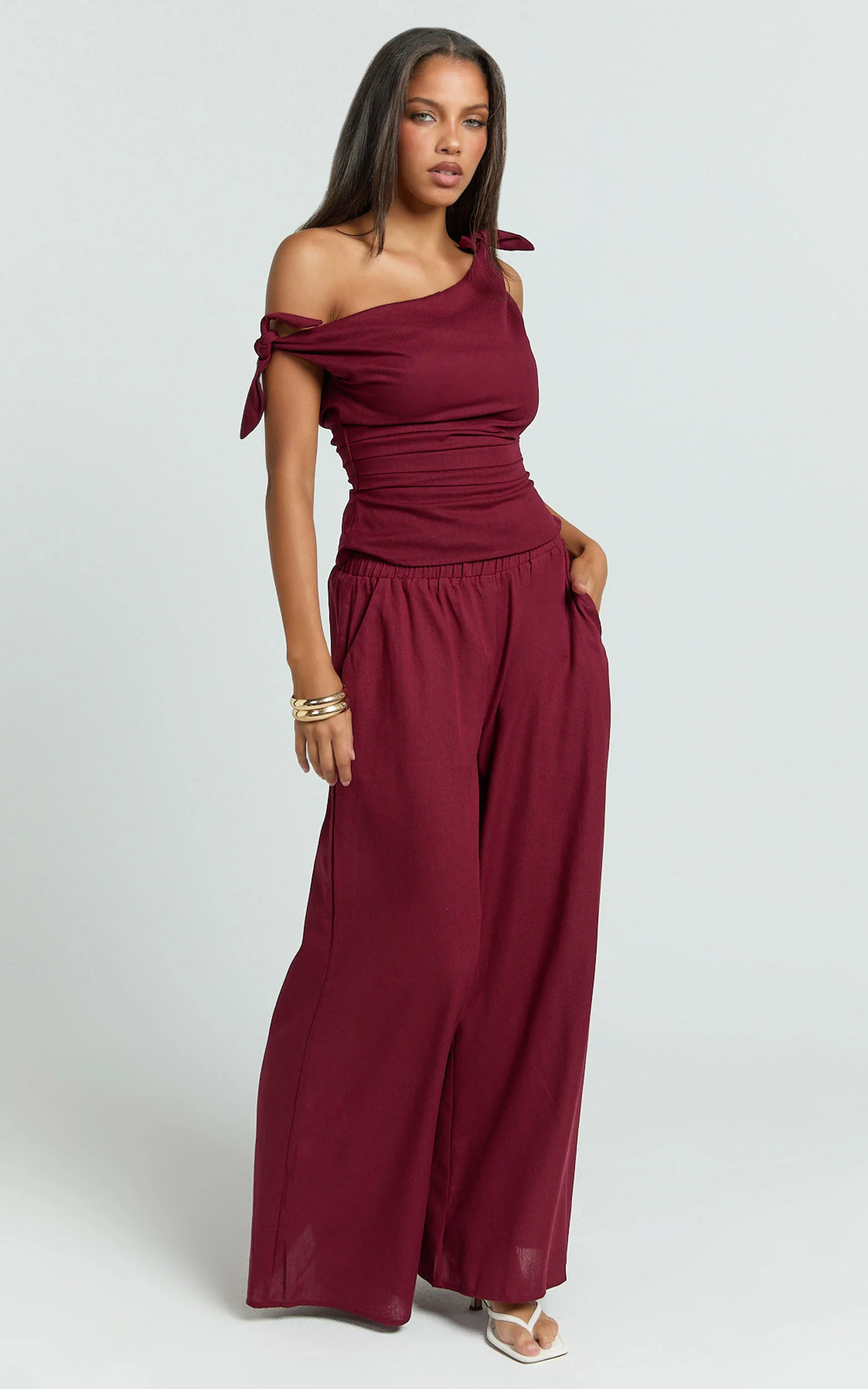 Ivy Top - Linen Off Shoulder Tie Top in Berry