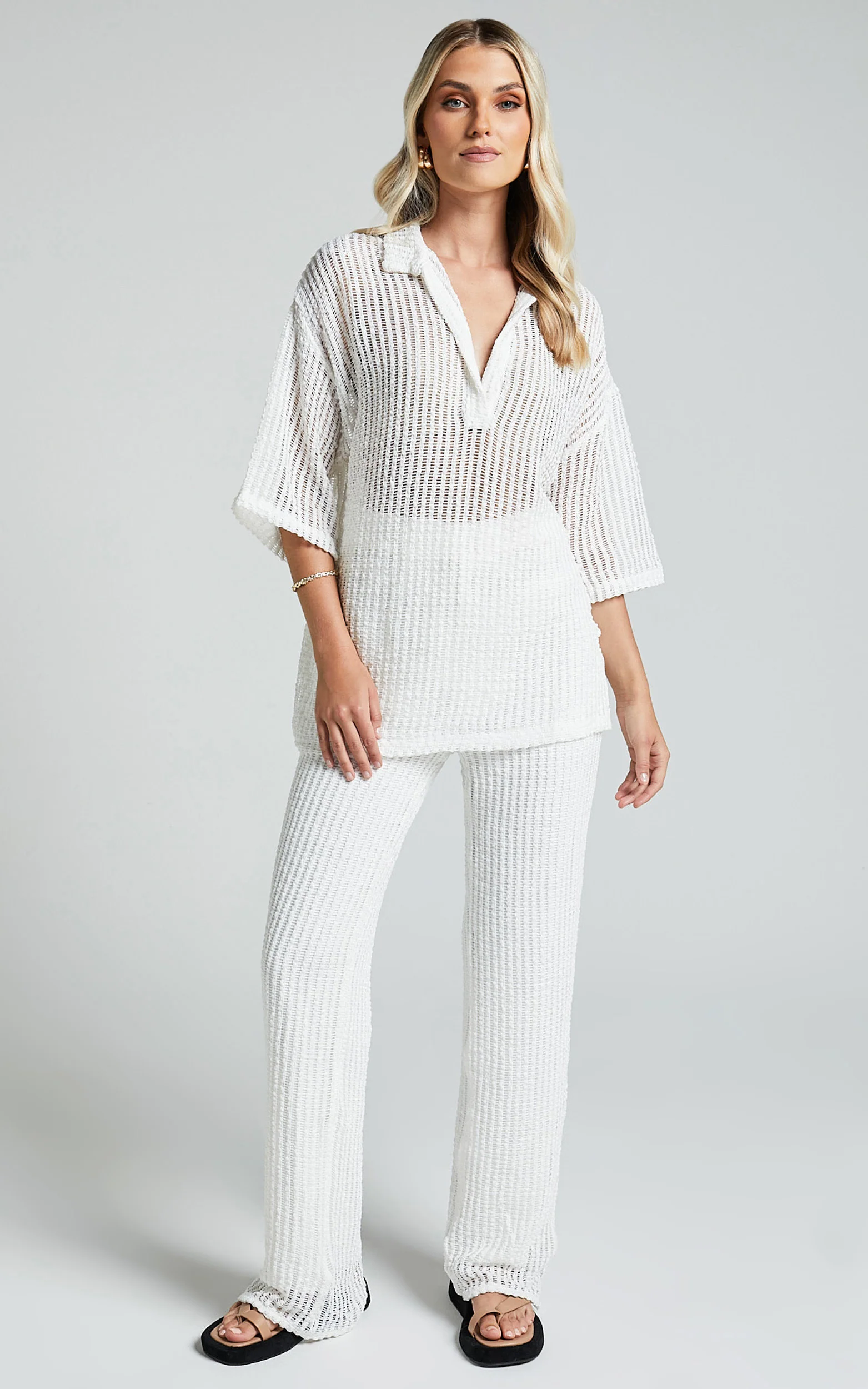 Cessily Top - V Neck Oversized Sheer Crochet Blouse in White