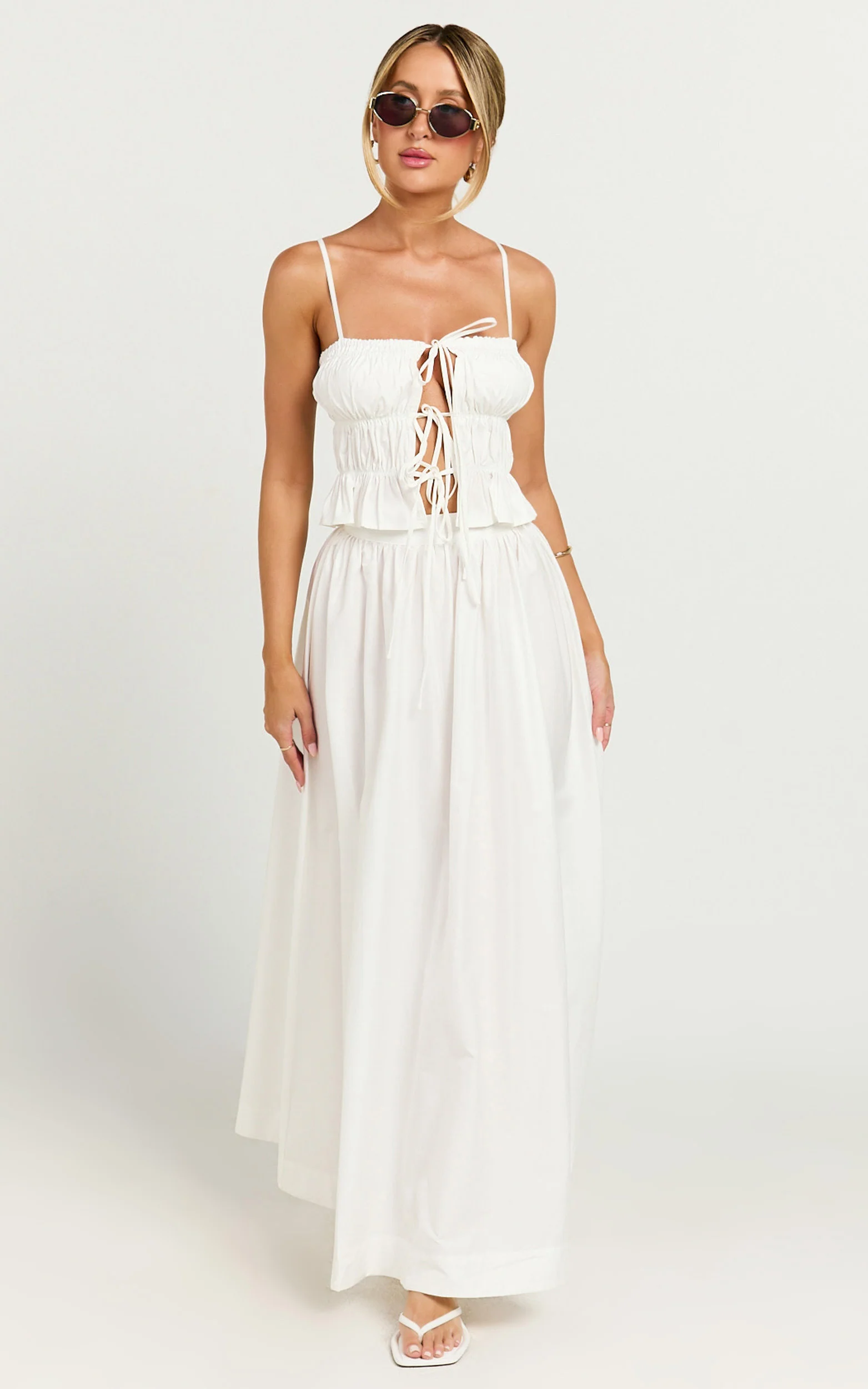 Preston Top - Ruched Tie Front Camisole Top in White