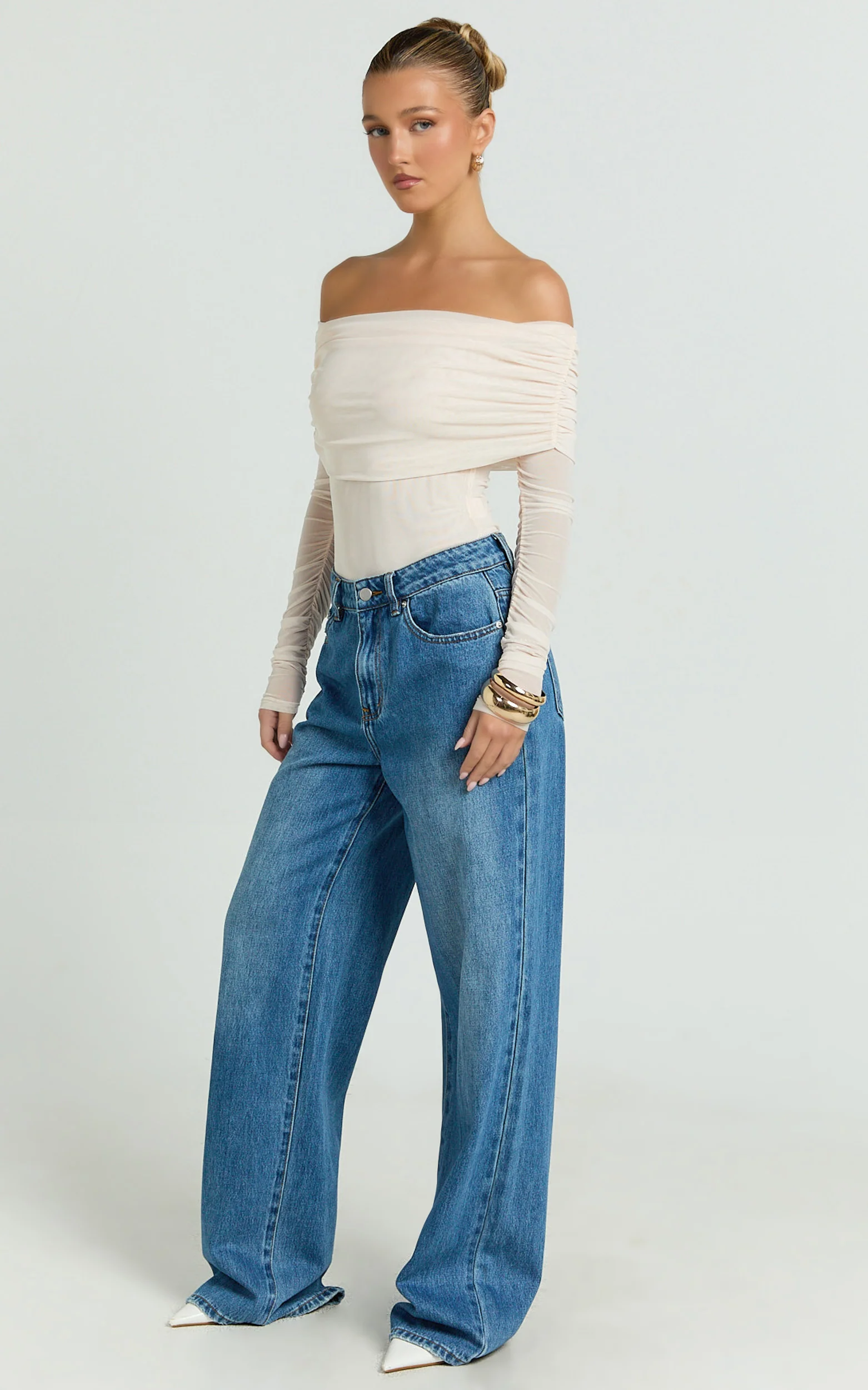 Jaythen Bodysuit - Long Sleeve Off Shoulder Ruched Mesh Bodysuit in Cream