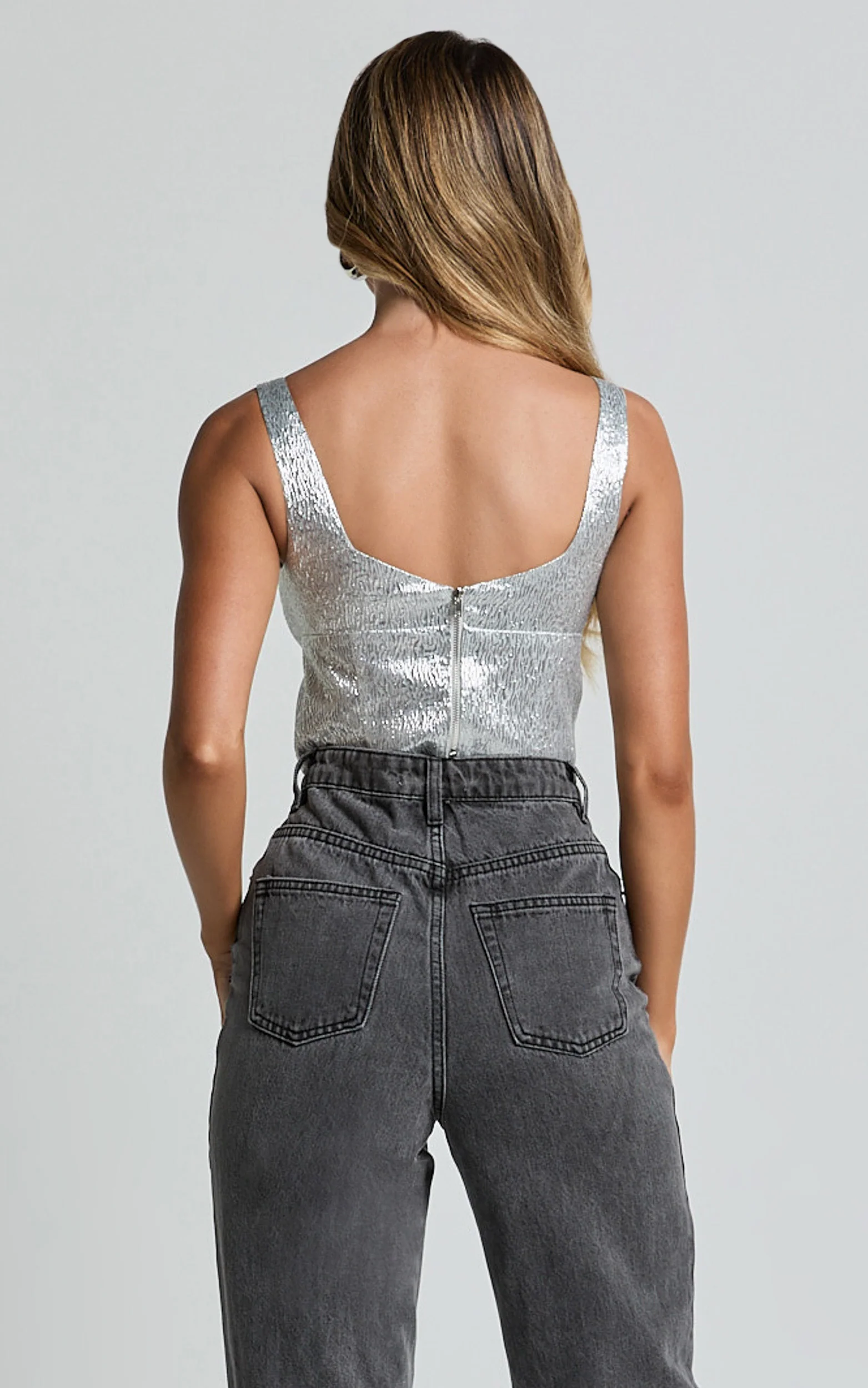 Elena Top - Metallic Jacquard Square Neck Top in Silver