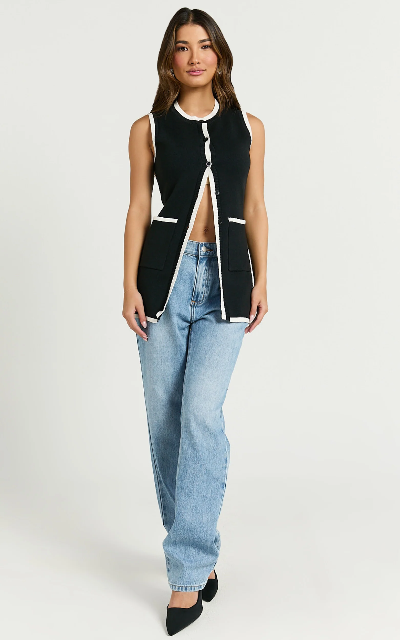 Callie Top - Longline Recycled Knitted Vest in Black/White