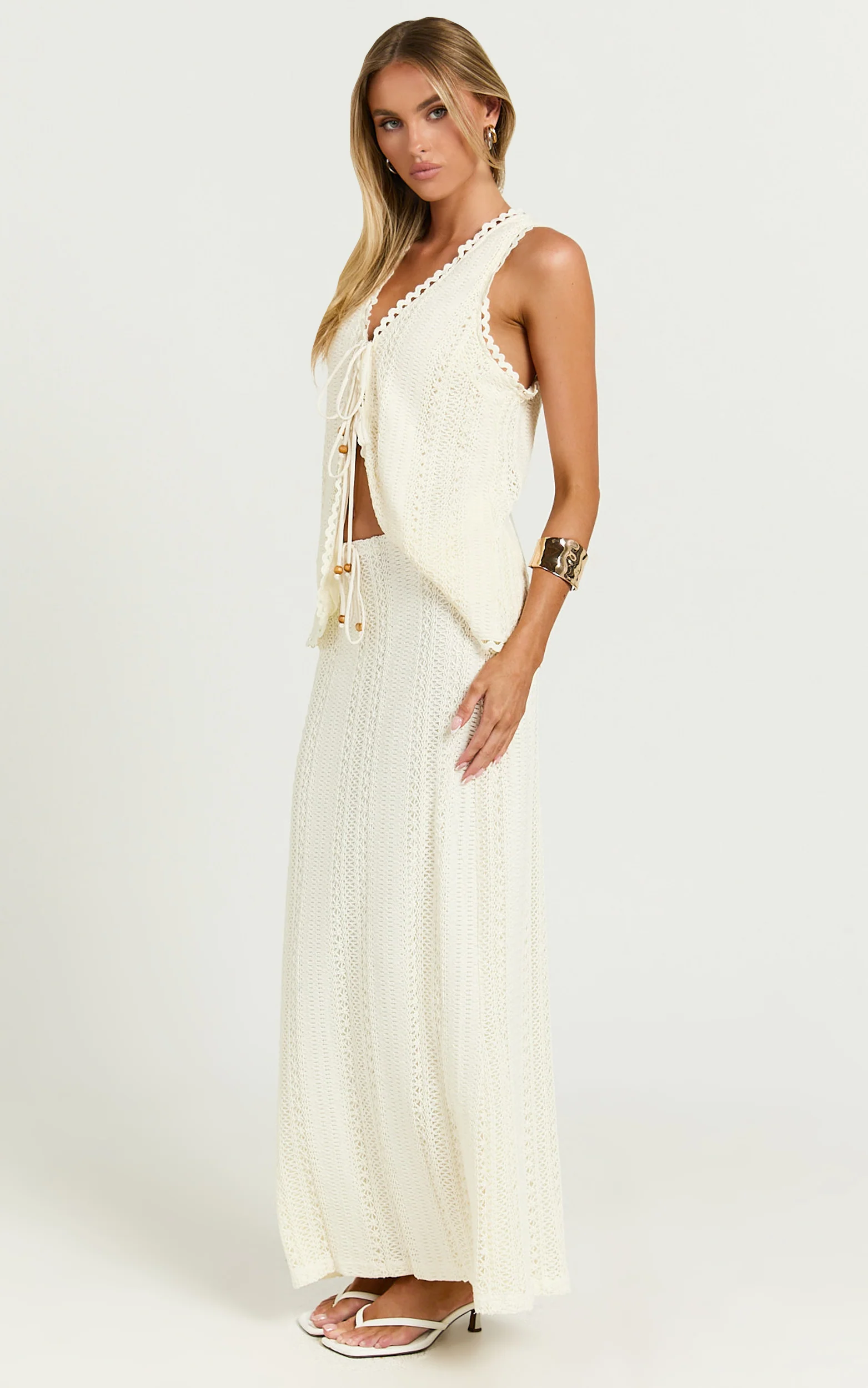 Mercedes Top - Crochet Tie Front Vest in Cream