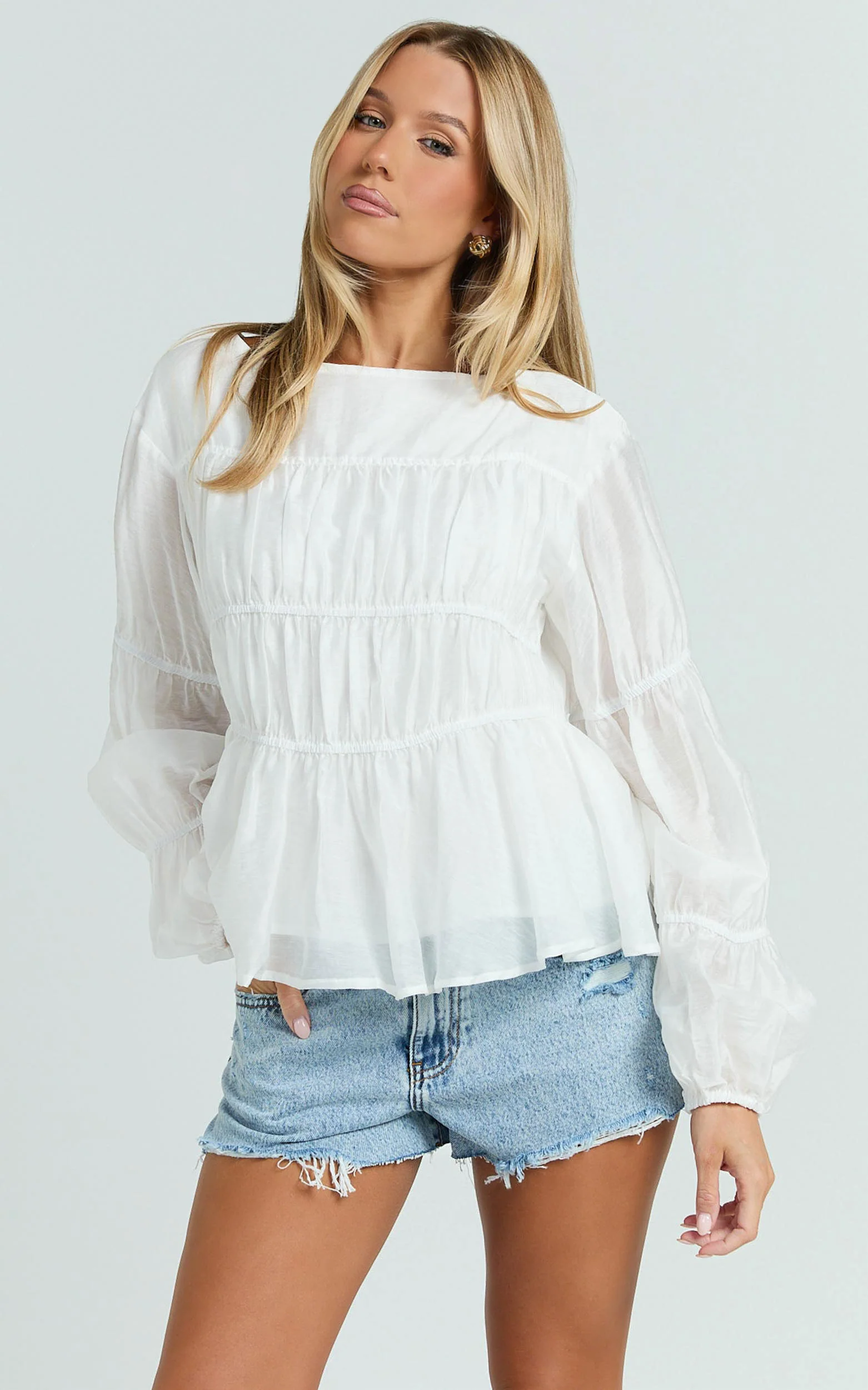Malou Top - Shirred Long Sleeve Top in White