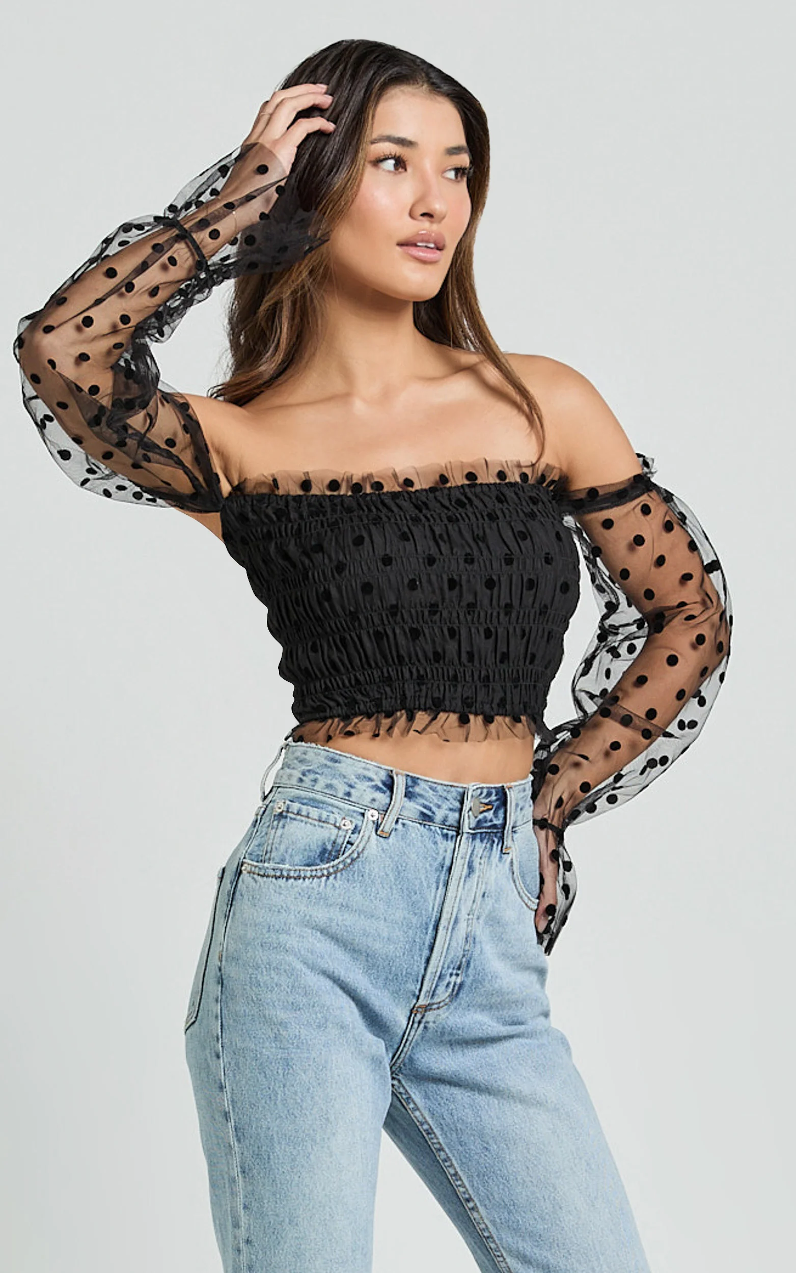 Carly Top - Long Sleeve Off Shoulder Tulle Top in Black