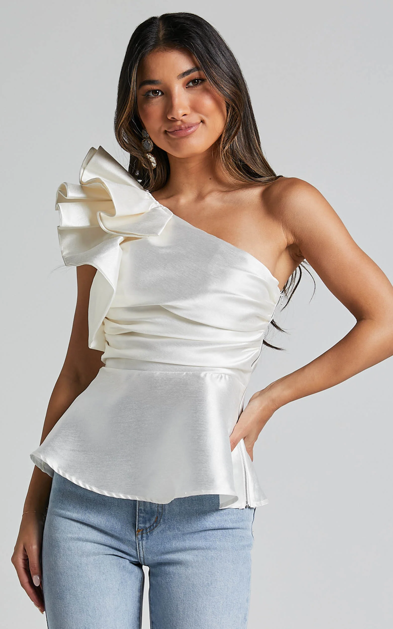 Carizza Top - One Shoulder Flounce Gathered Bodice Top in White