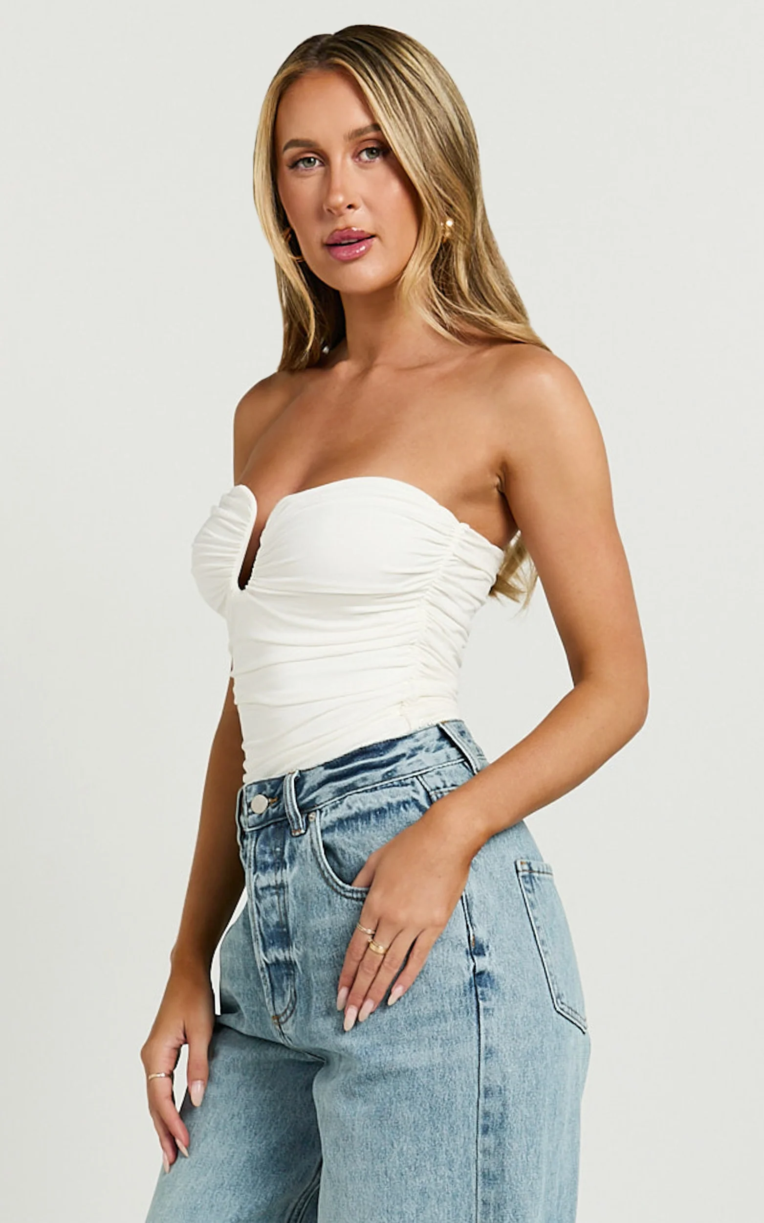 Petra Top - Gathered Cut Out Jersey Top in Off White