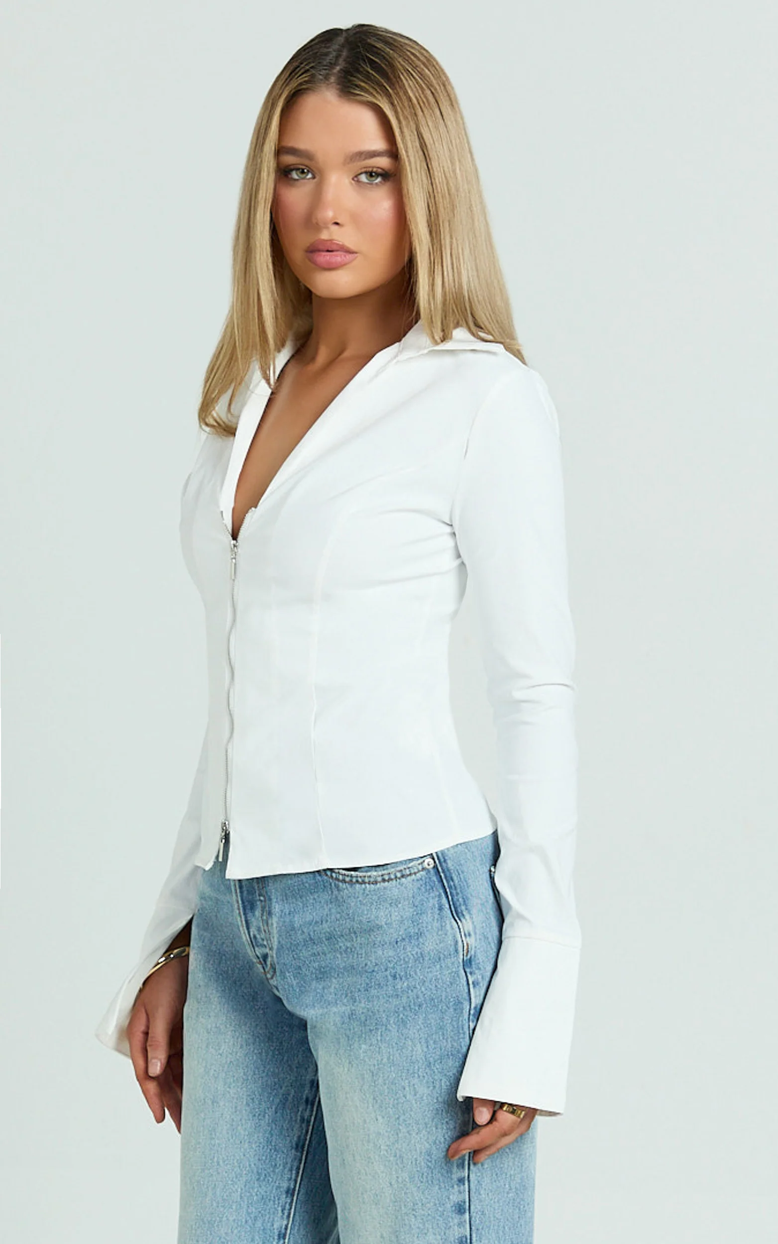 Hartley Top - Long Sleeve Zip Through Fitted Shirt in White