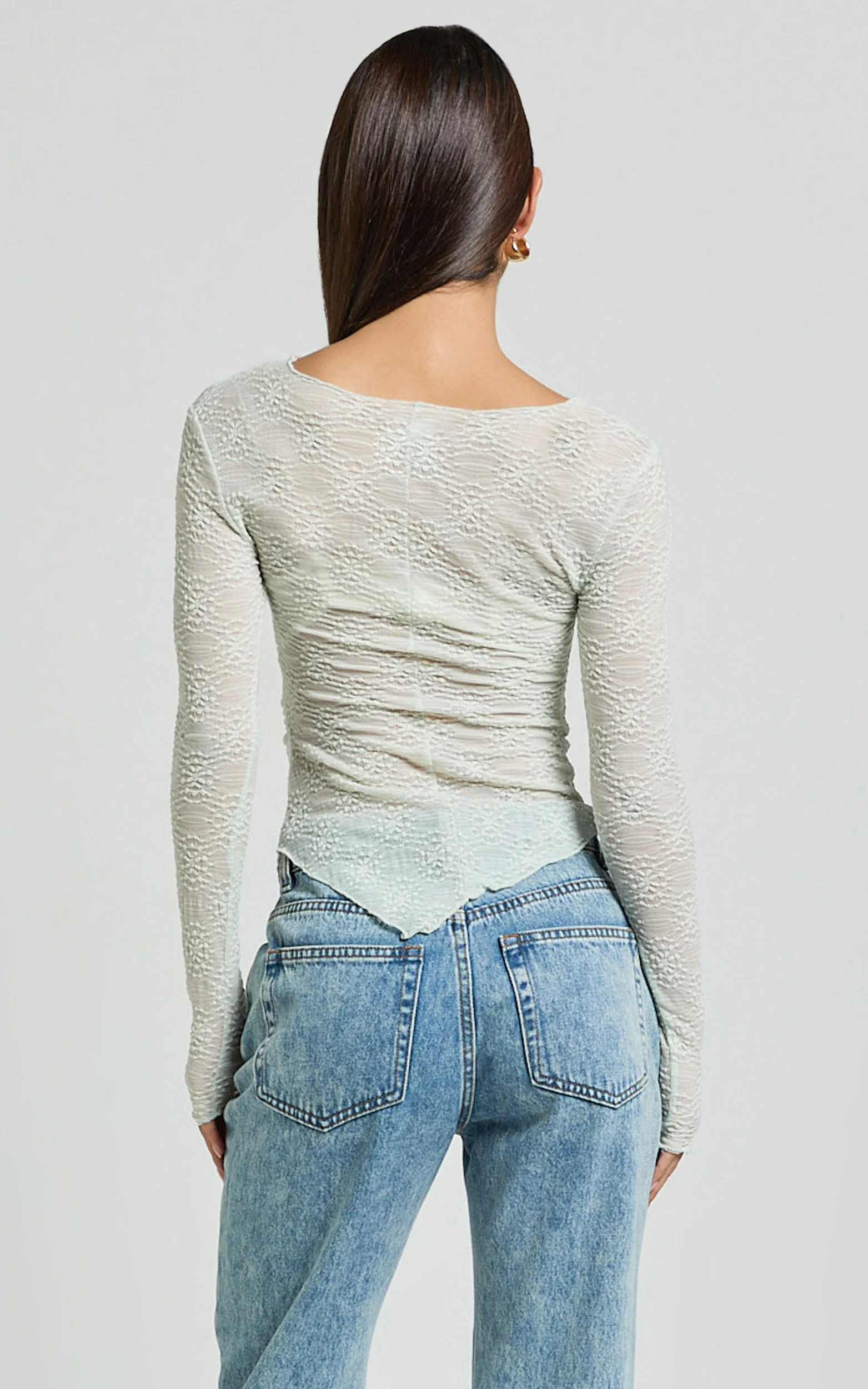 Ellie Top - Asymmetrical Sheer Lace Top in Silver Sage