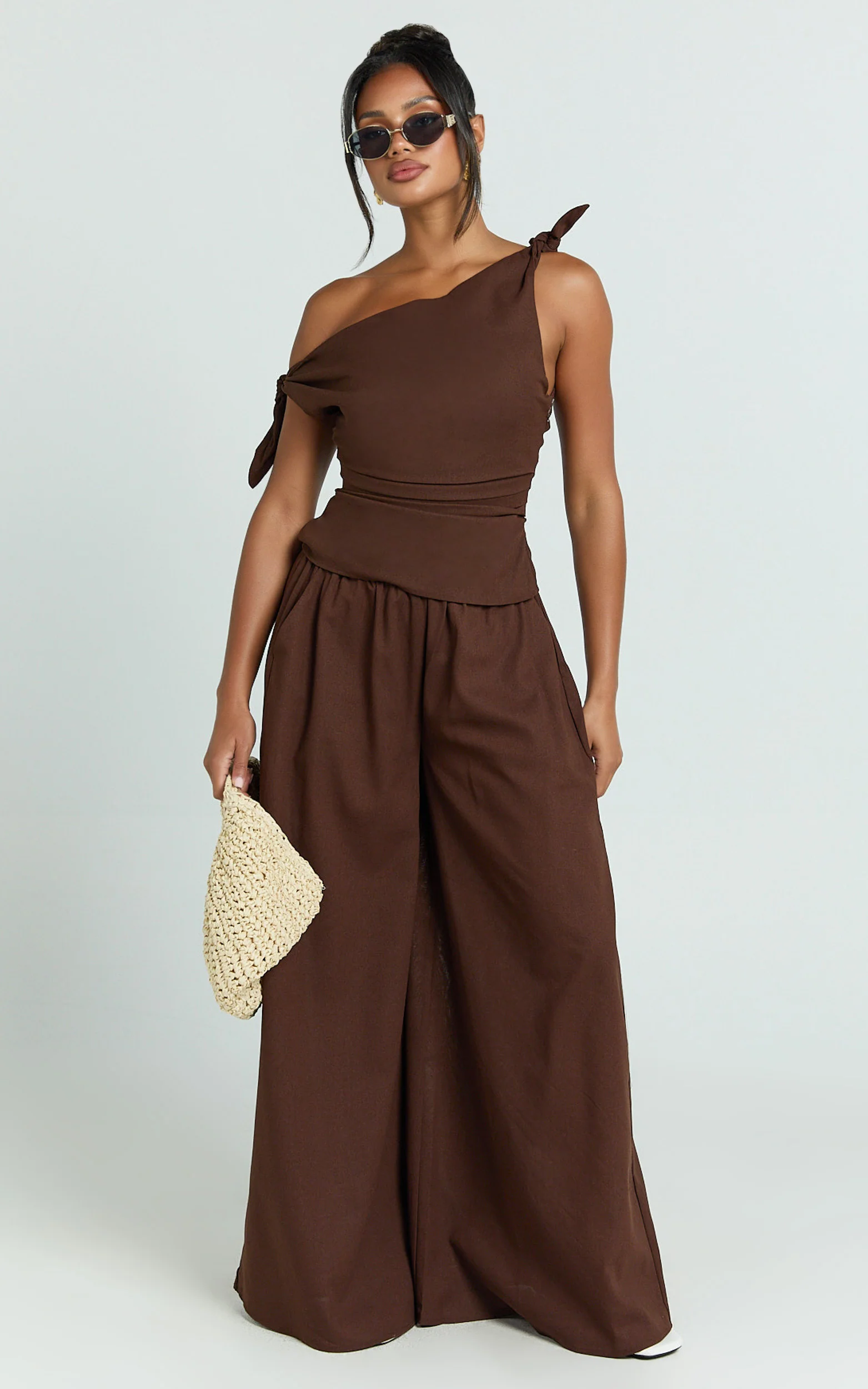 Ivy Top - Linen Off Shoulder Tie Top in Chocolate
