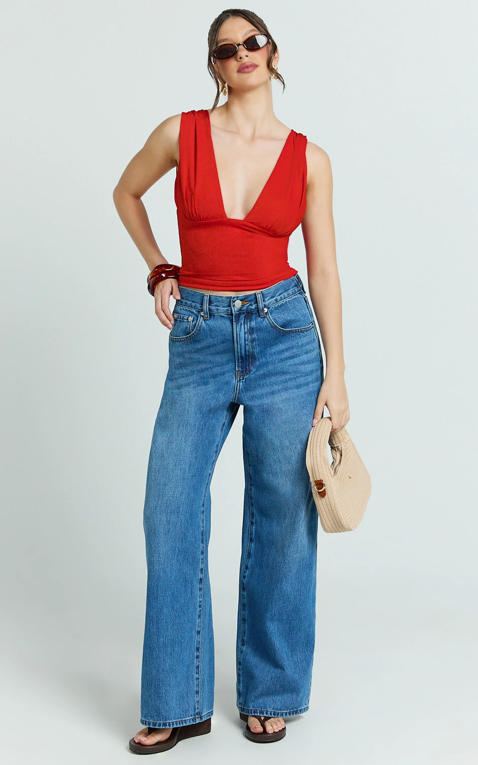 Gail Top - Jersey V Neck Gathered Long Line Top in Ruby