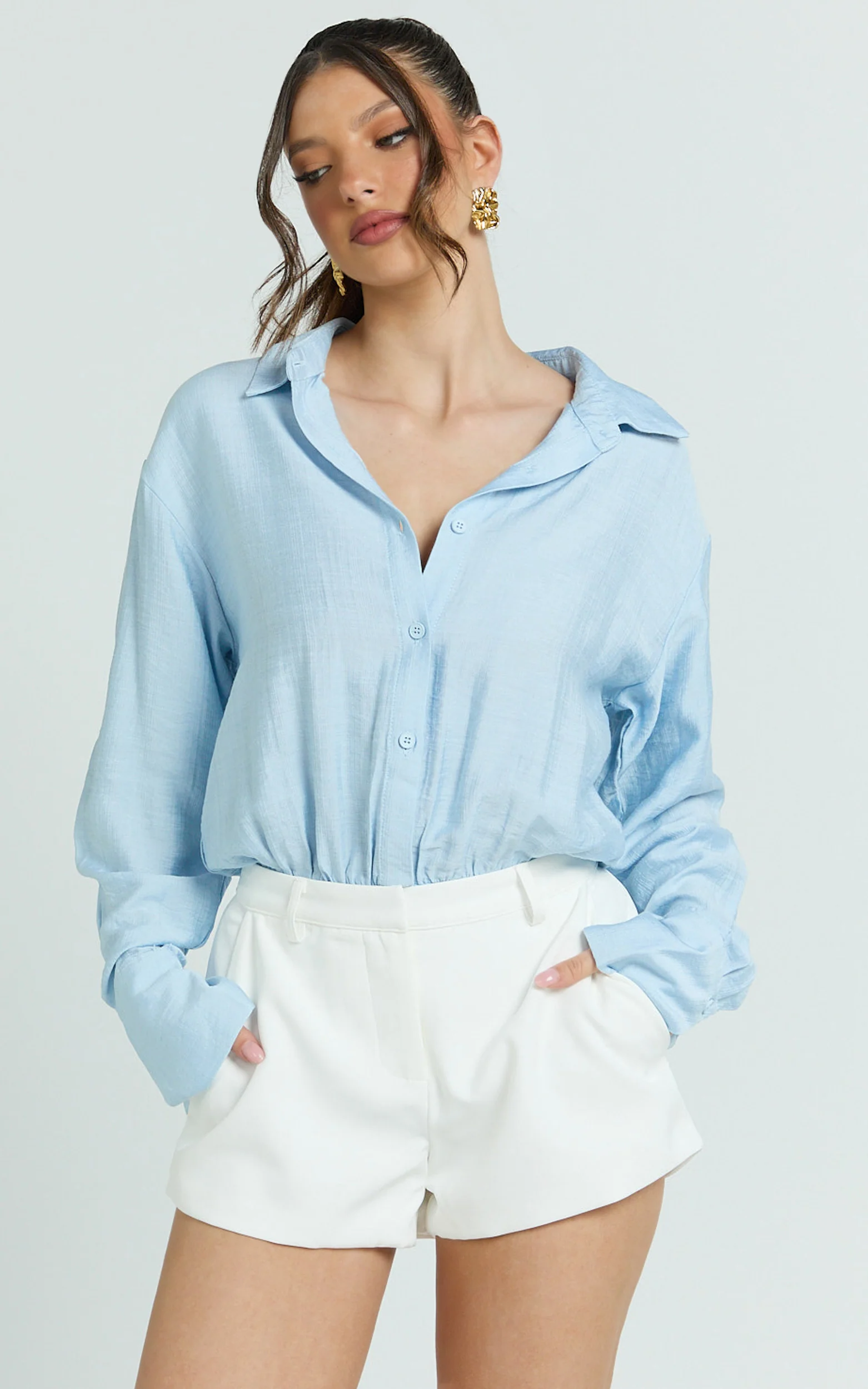Kimberly Bodysuit - Relaxed Shirt Bodysuit in Baby Blue